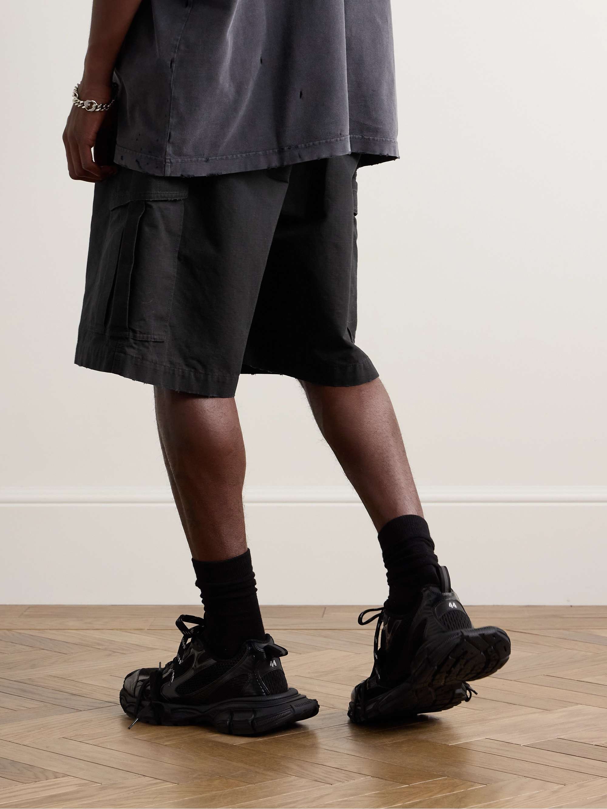 Wide-Leg Distressed Cotton-Ripstop Drawstring Cargo Shorts view