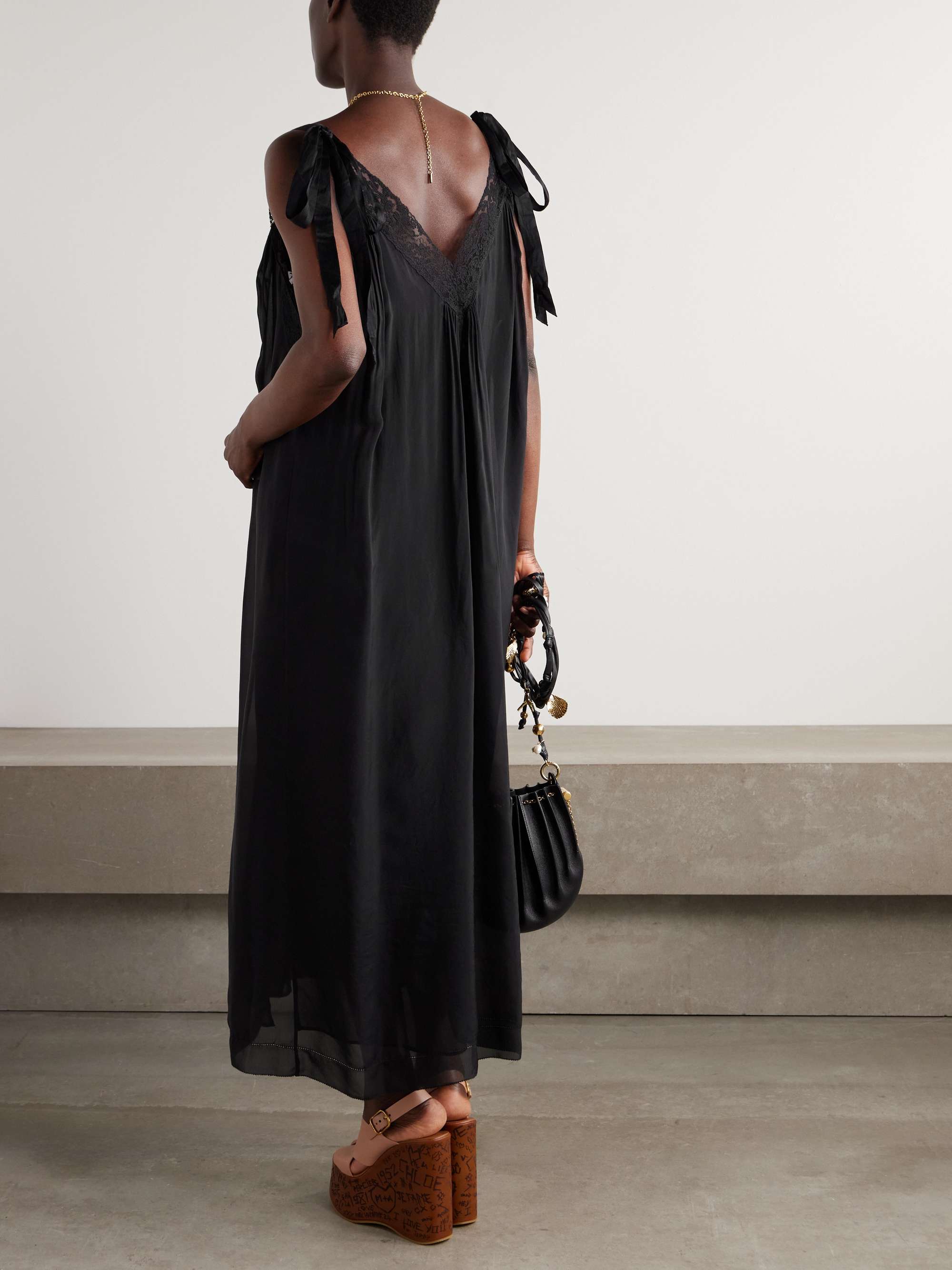Lace-trimmed organic silk-charmeuse midi dress view