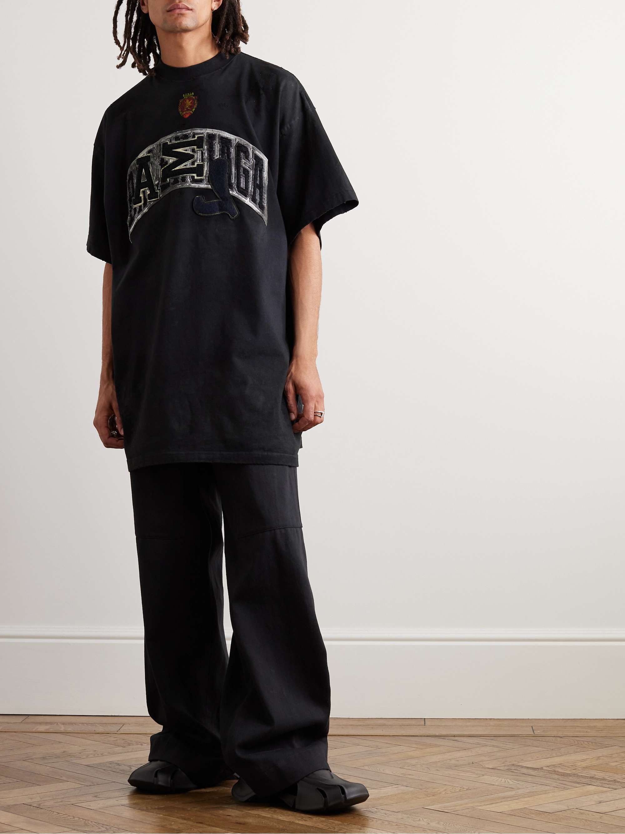 Oversized Distressed Logo-Appliquéd Cotton-Jersey T-Shirt view