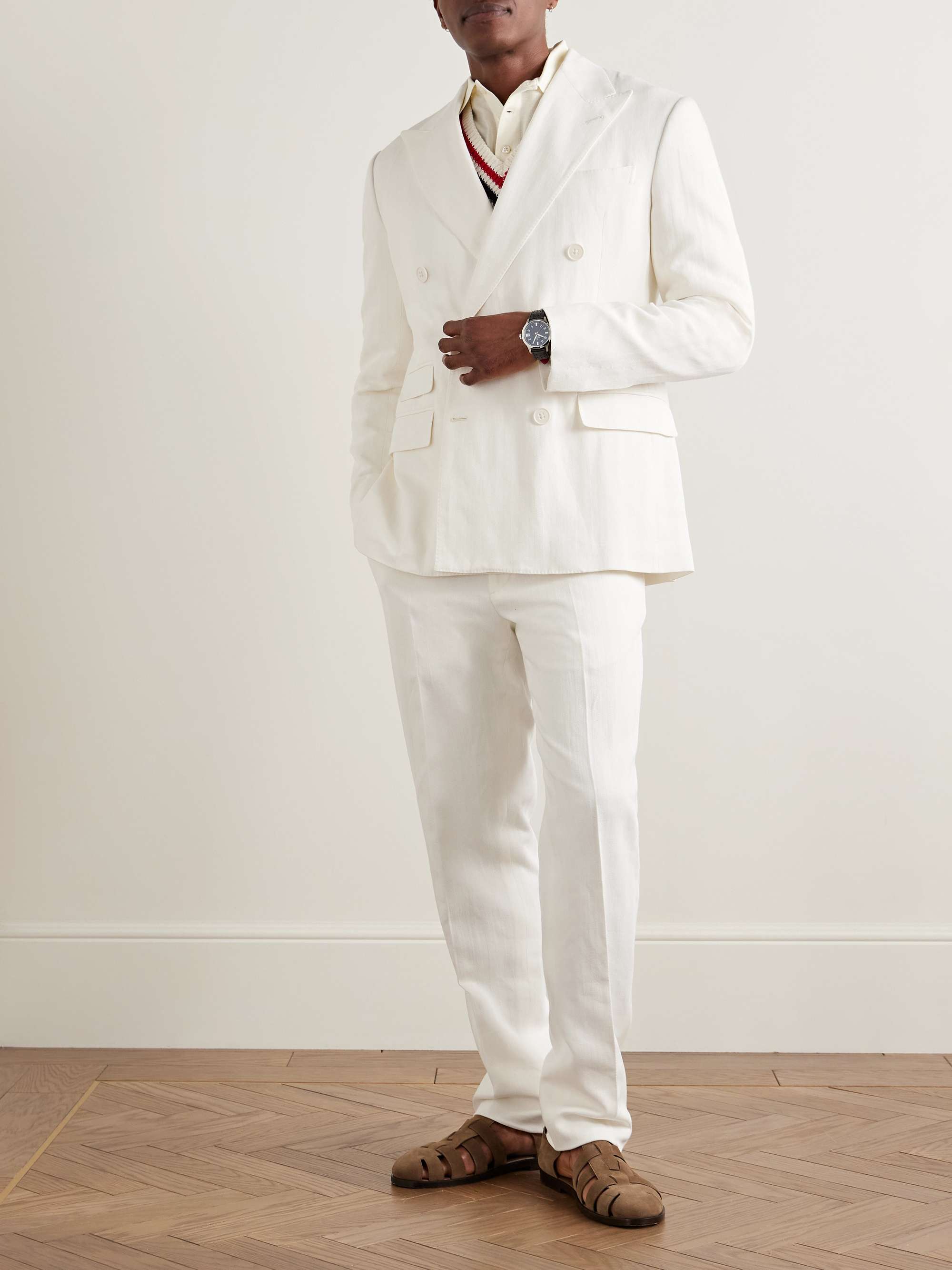 Double-Breasted Herringbone Cotton and Linen-Blend Suit Jacket view