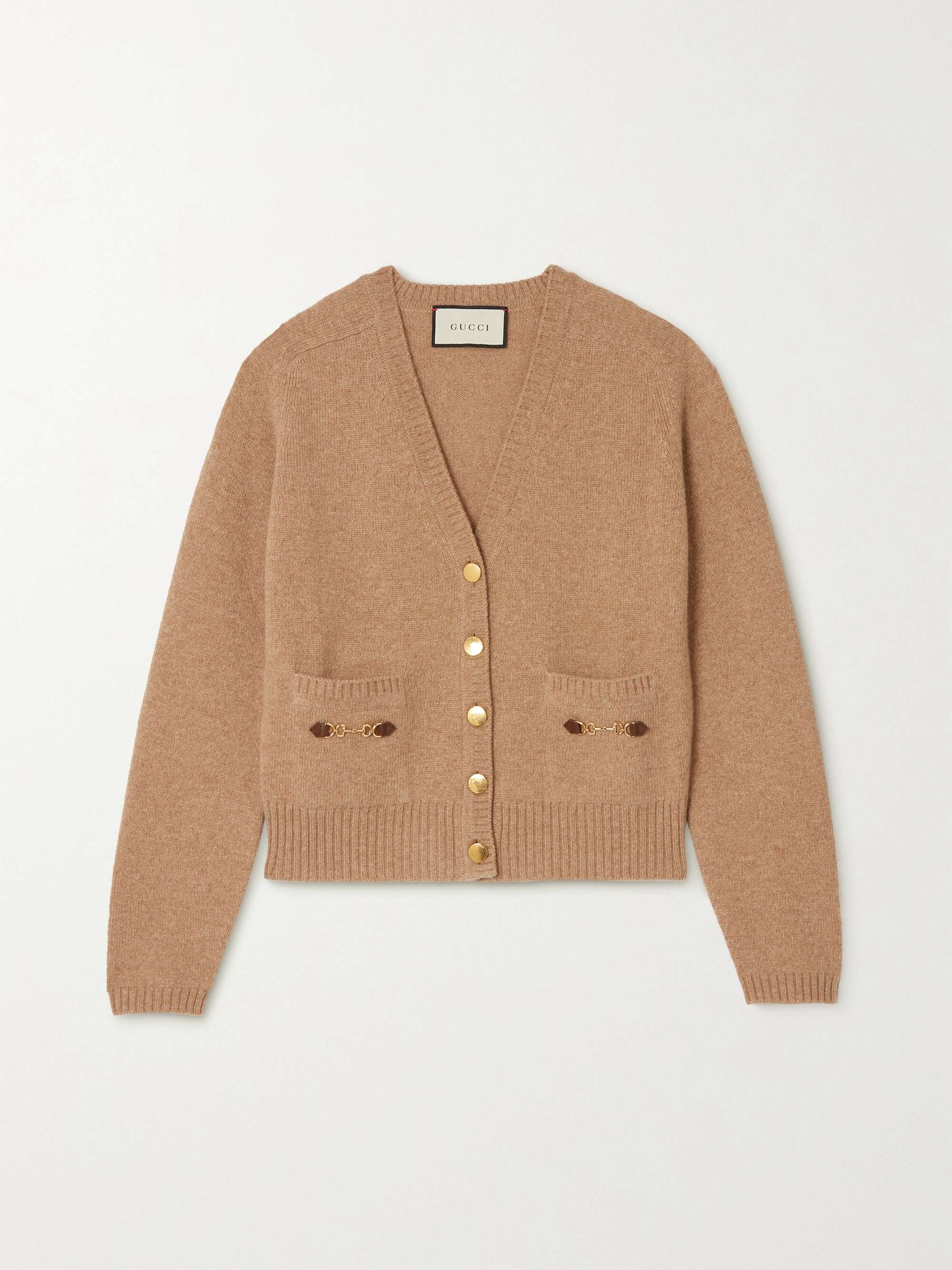Horsebit-detailed leather-trimmed cashmere cardigan hero visual