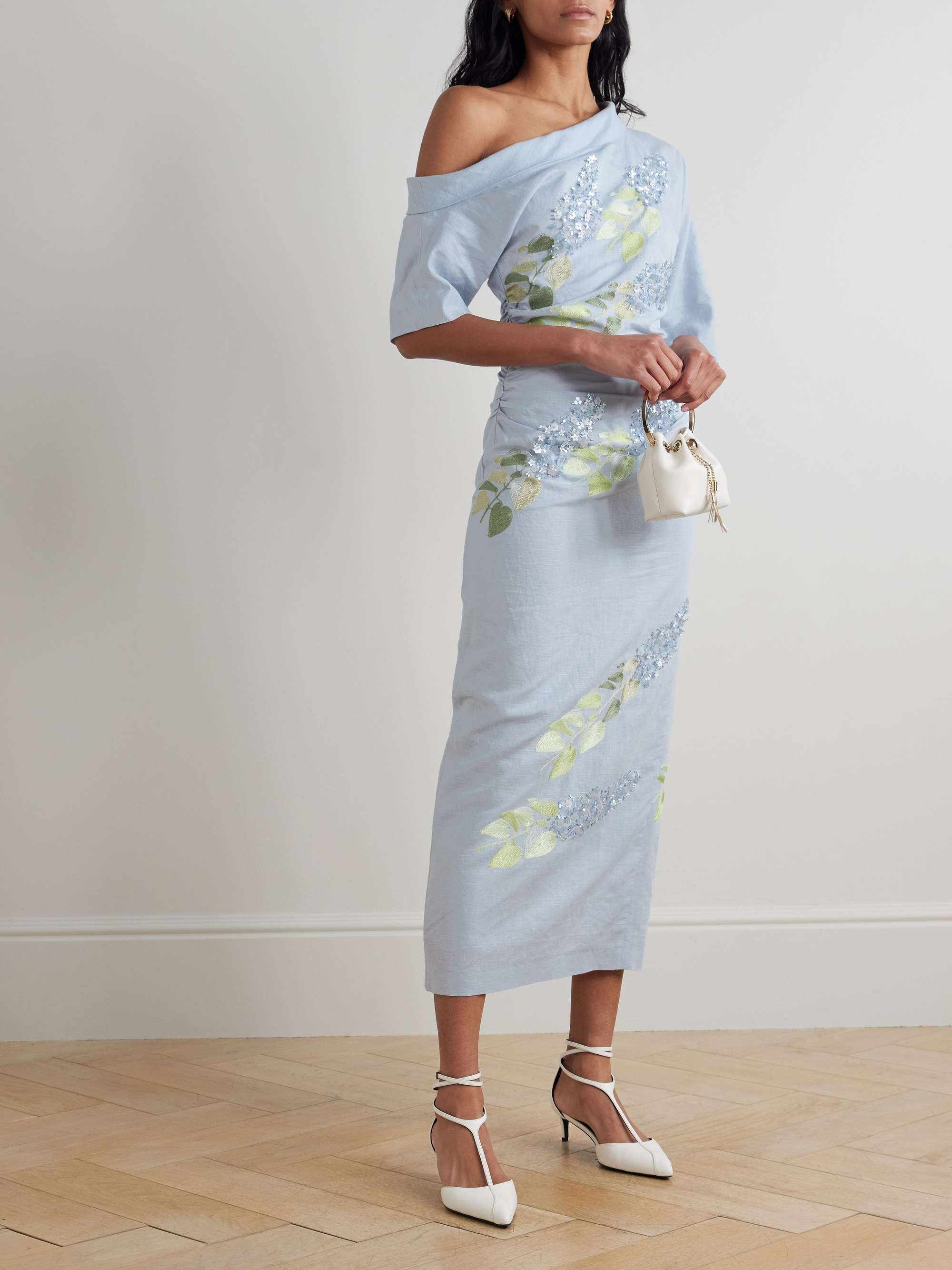 Bowery asymmetric embellished cotton and linen-blend midi dress view