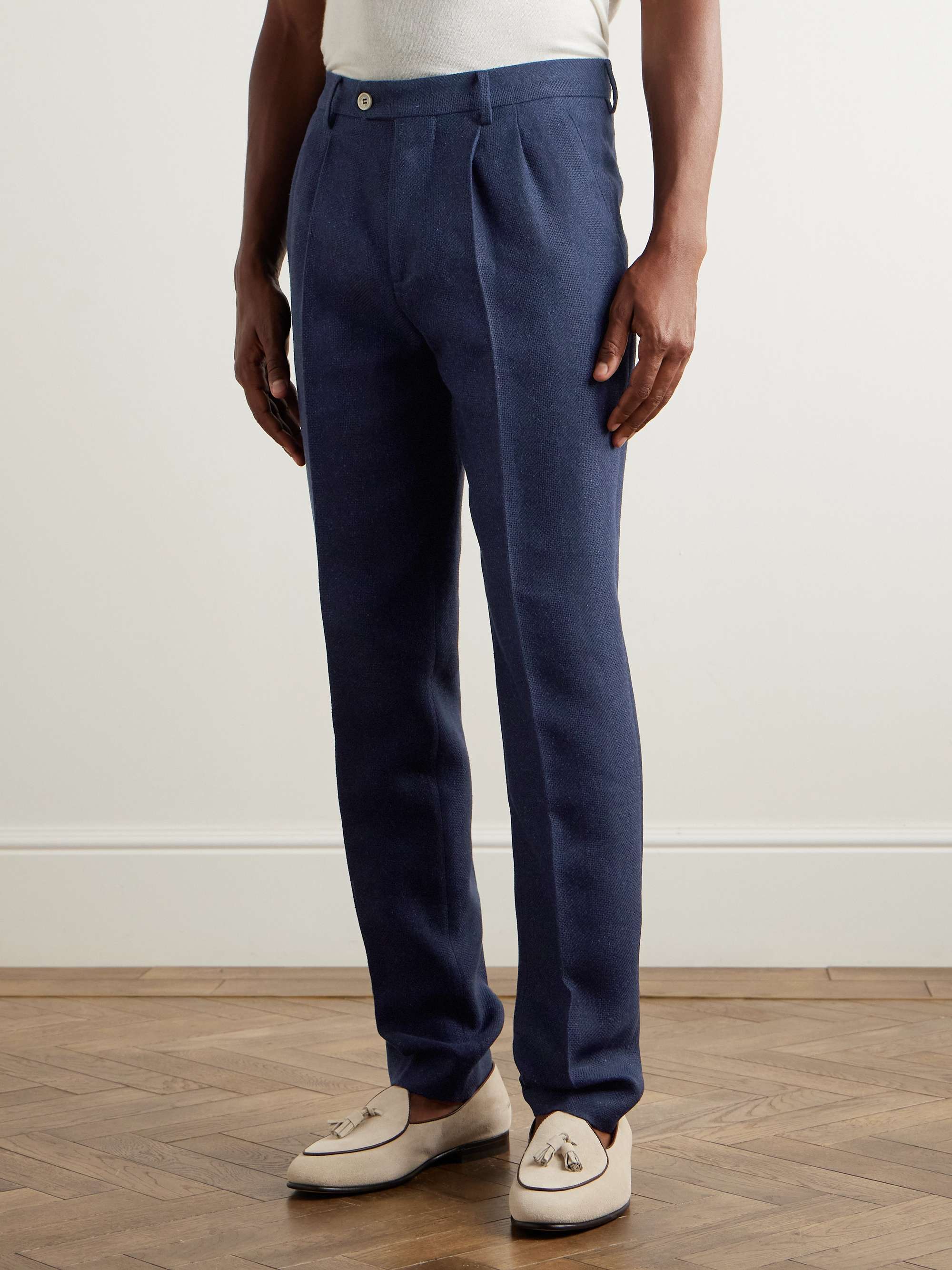 Tapered Pleated Striped Linen, Silk, Wool and Cotton-Blend Suit Trousers view
