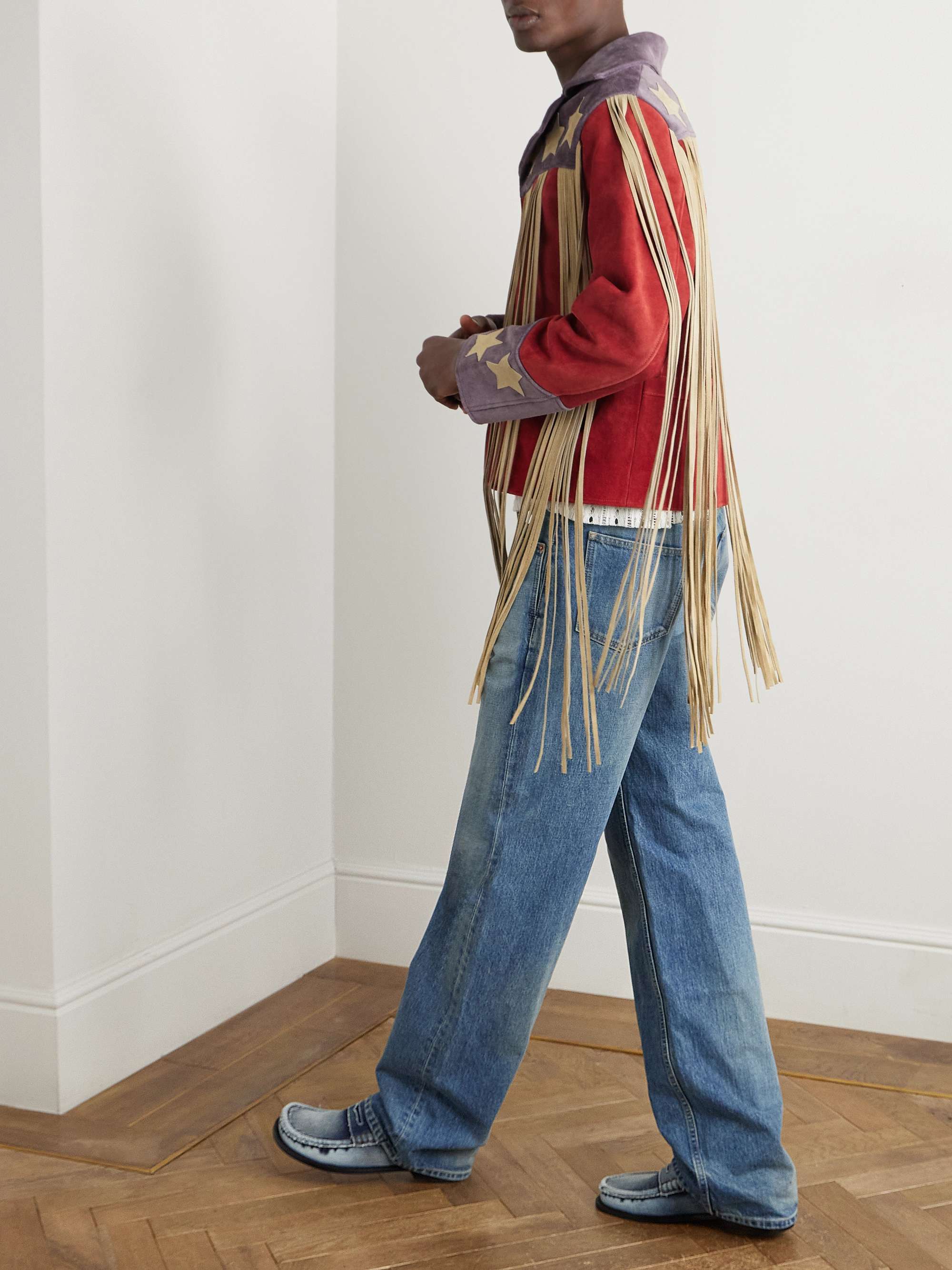 Appliquéd Colour-Block Fringed Suede Jacket view