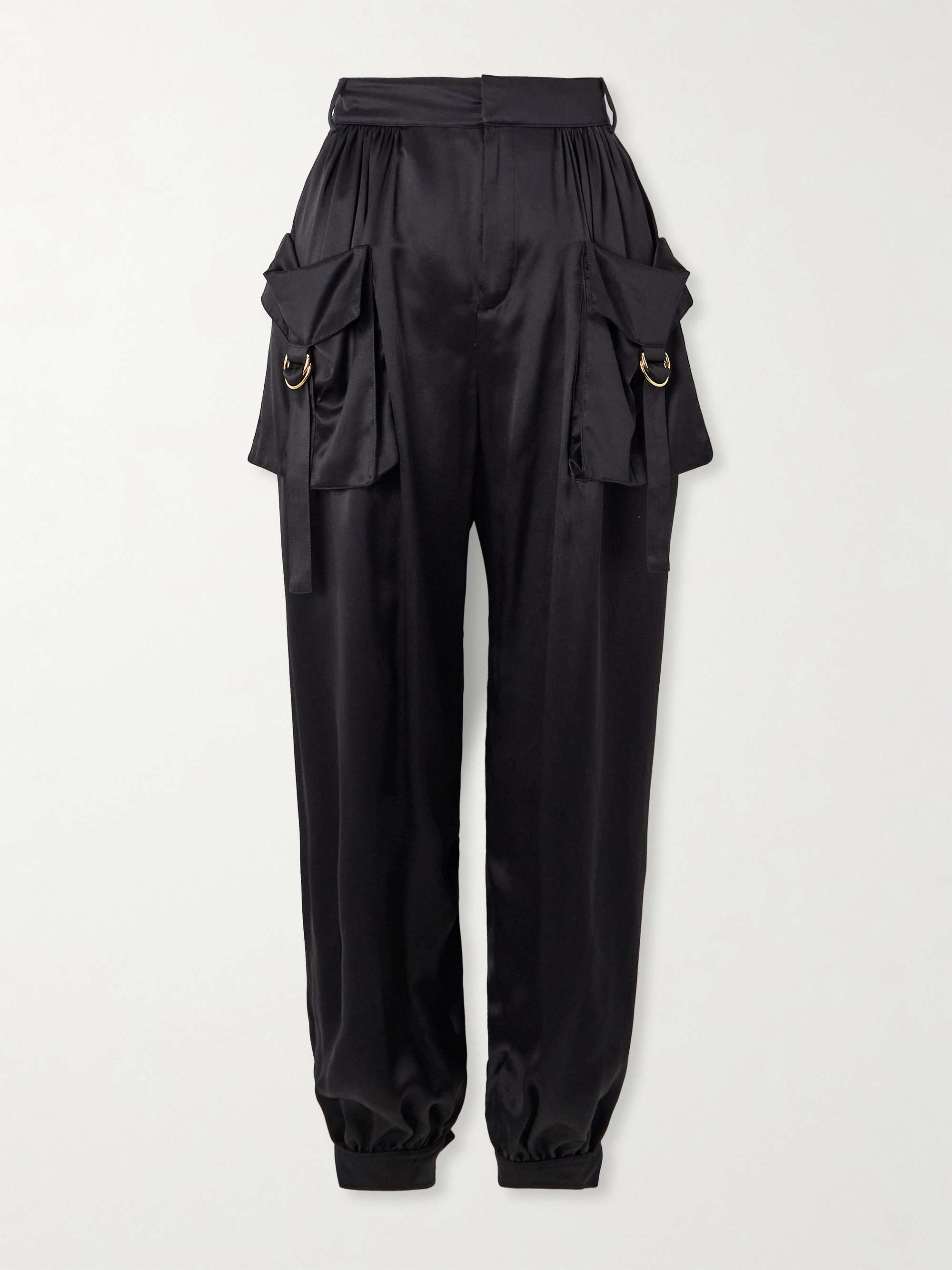 Embellished pleated silk-satin tapered pants hero visual