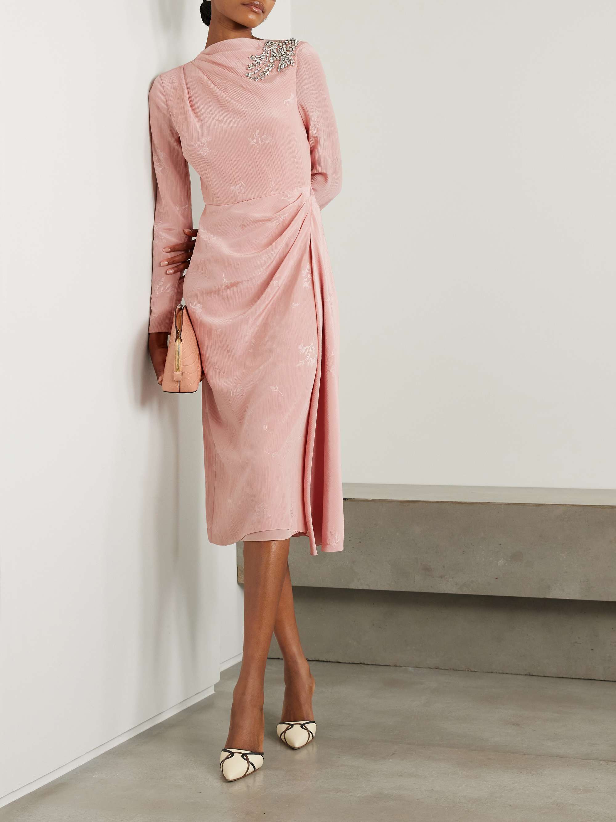 Embellished draped crinkled-silk and cotton-blend jacquard midi dress view