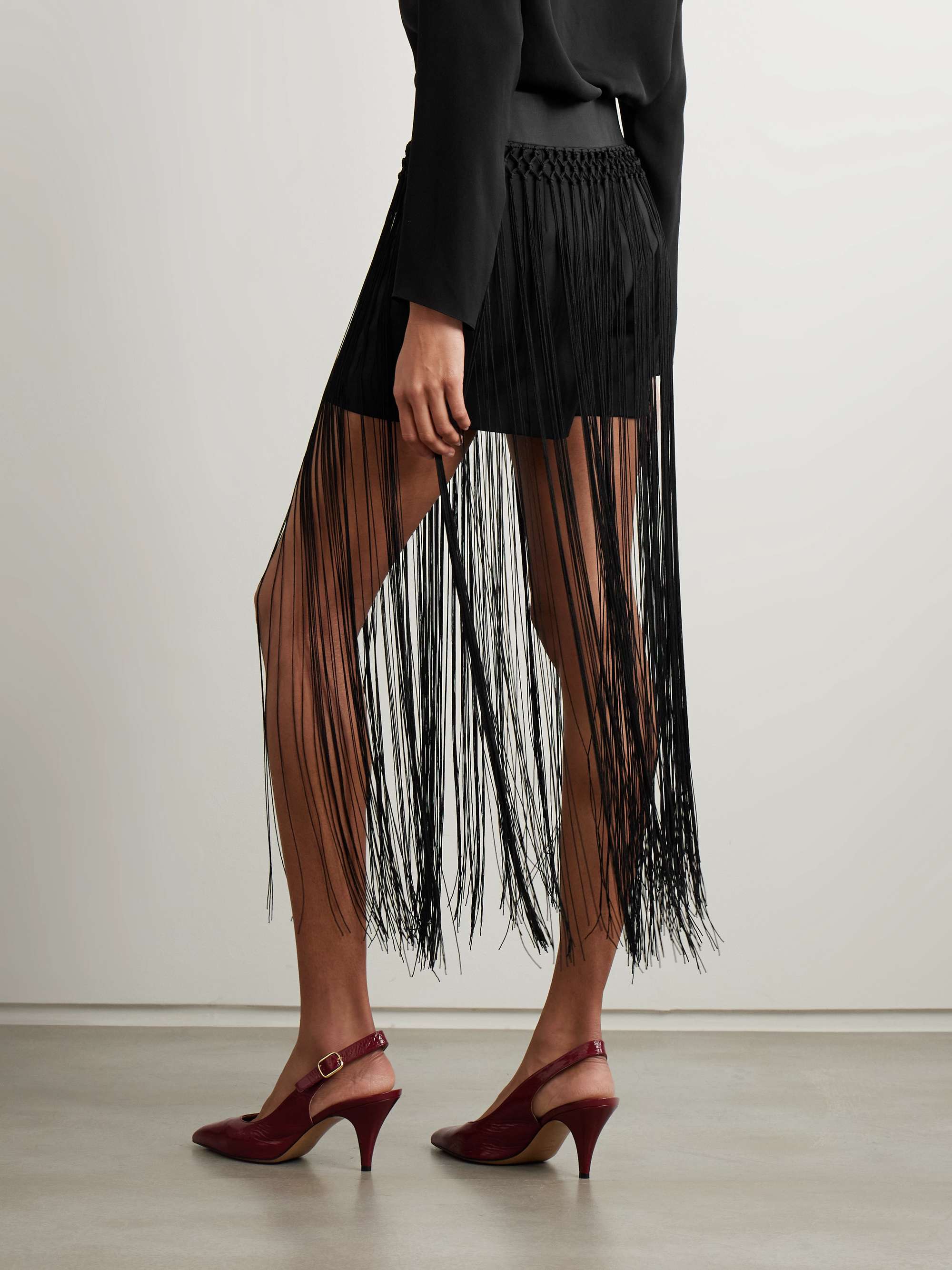 Allegra fringed duchesse silk satin-trimmed stretch-wool shorts view