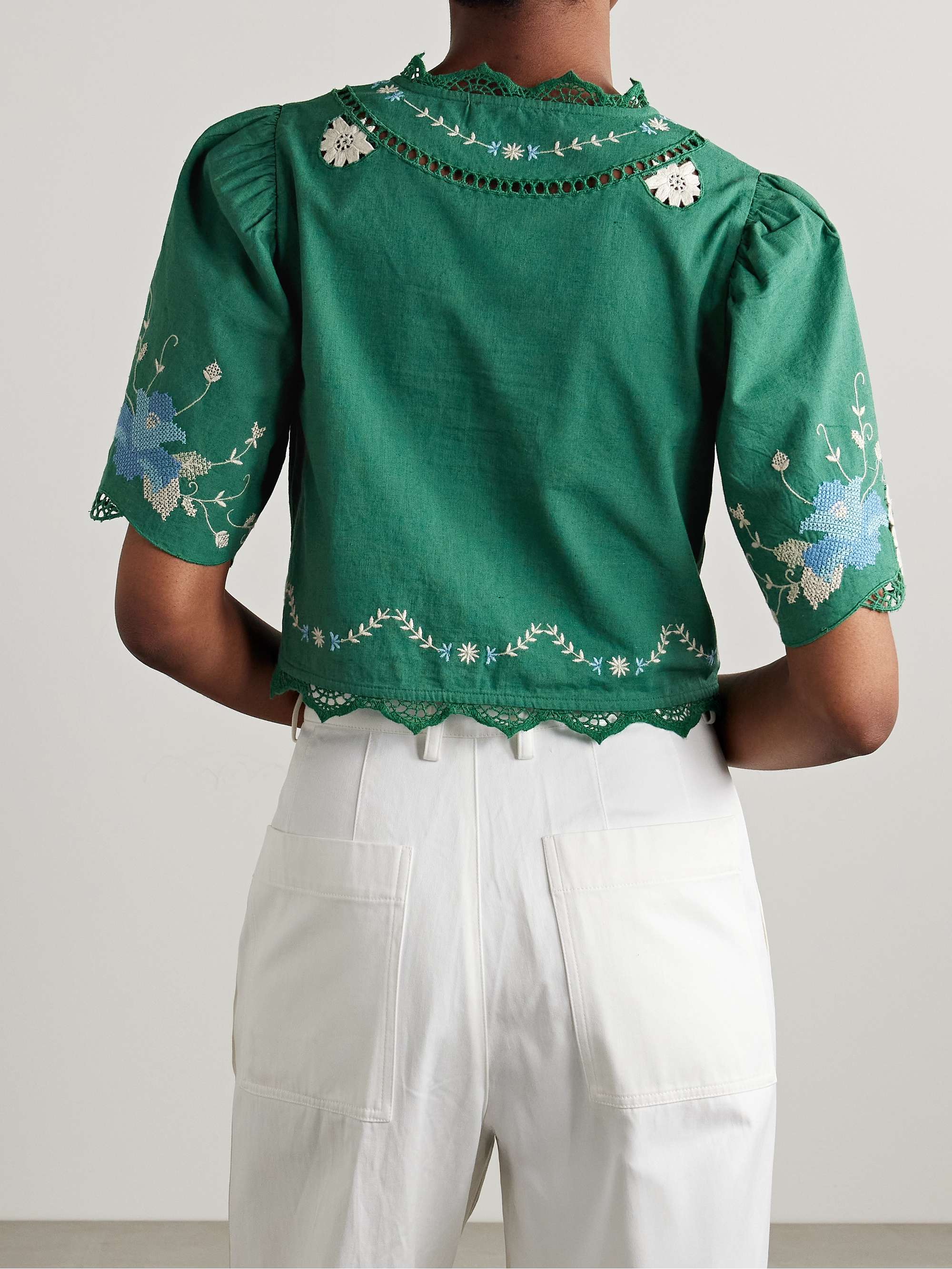 Vesna cropped crochet-trimmed embroidered cotton and linen-blend top view