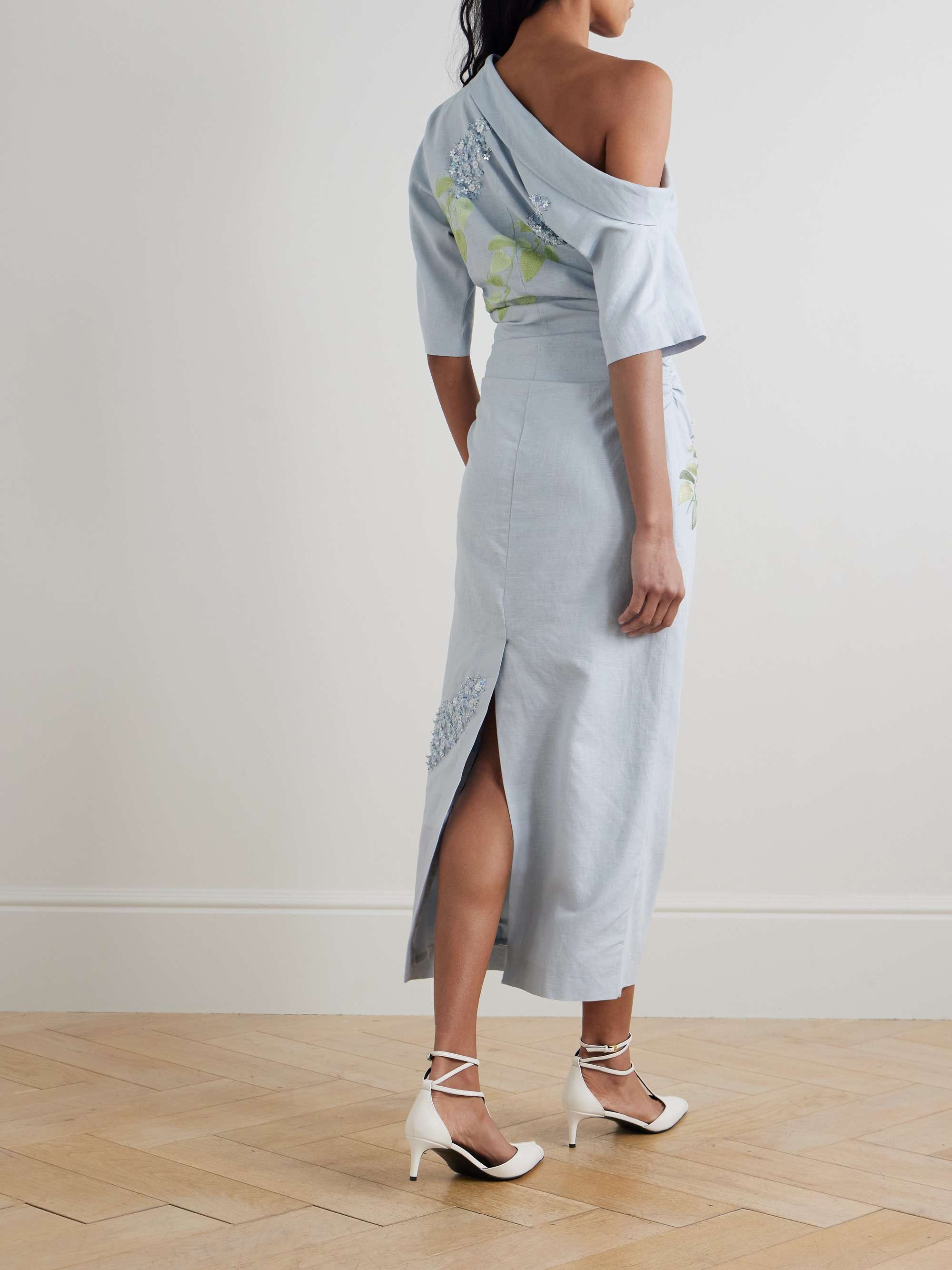 Bowery asymmetric embellished cotton and linen-blend midi dress view
