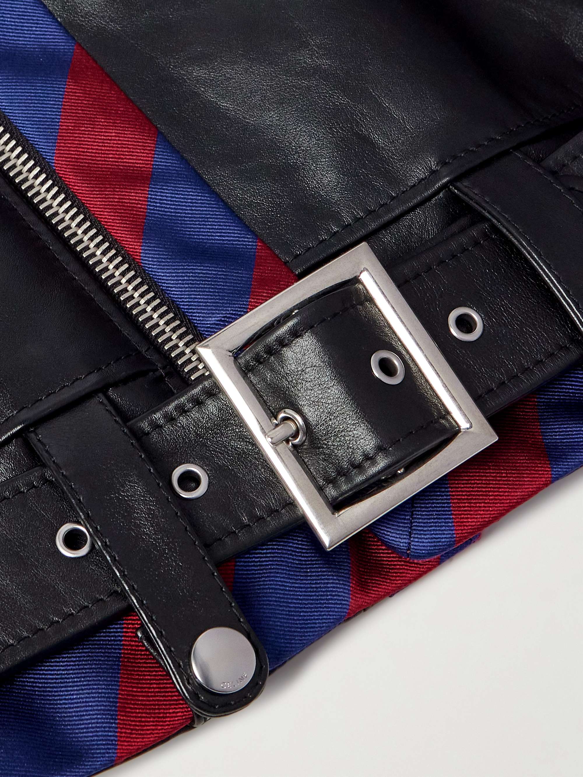 Belted Striped Twill-Trimmed Leather Biker Jacket view