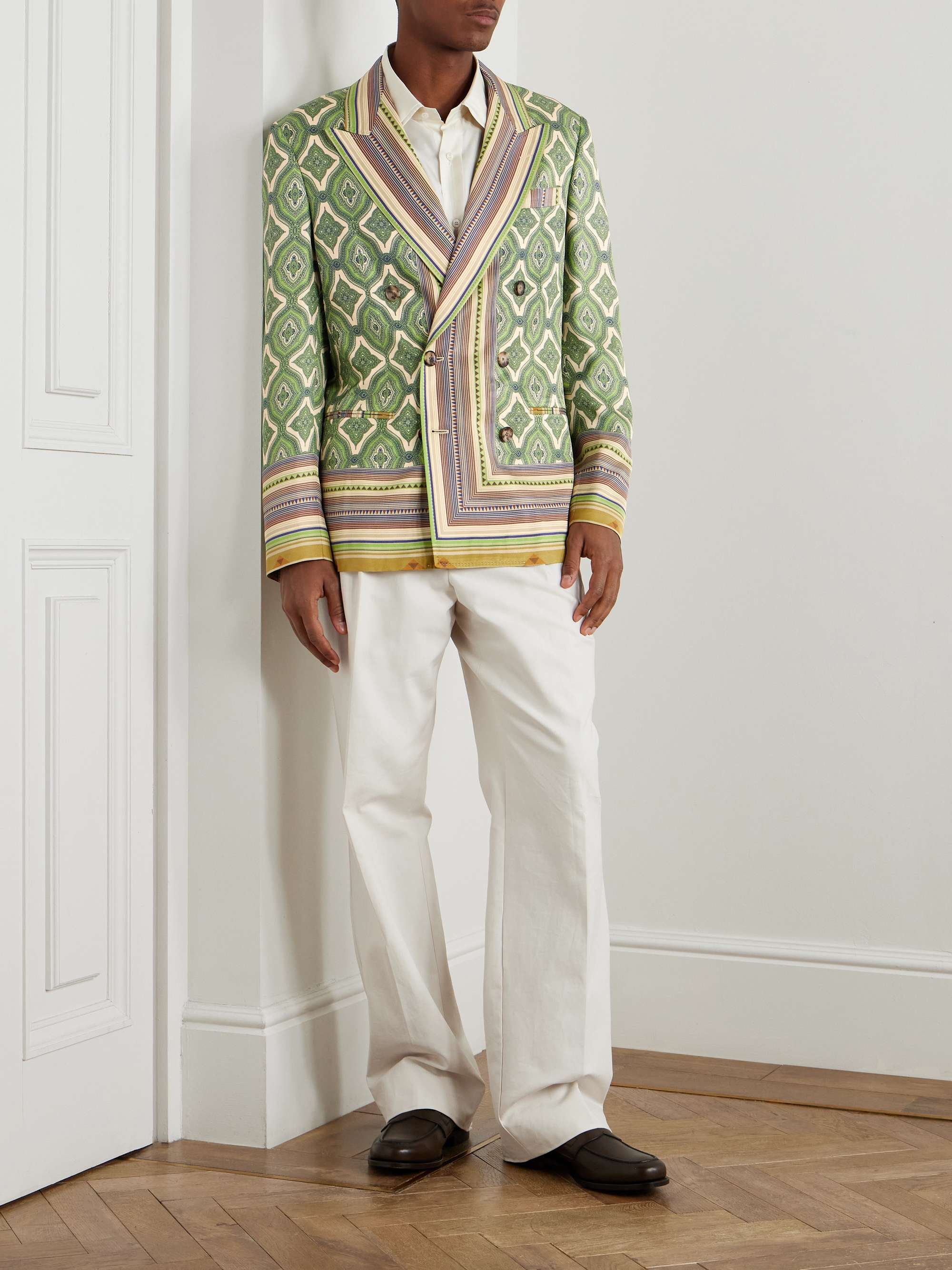 Double-Breasted Striped Paisley-Print Satin-Twill Suit Jacket view