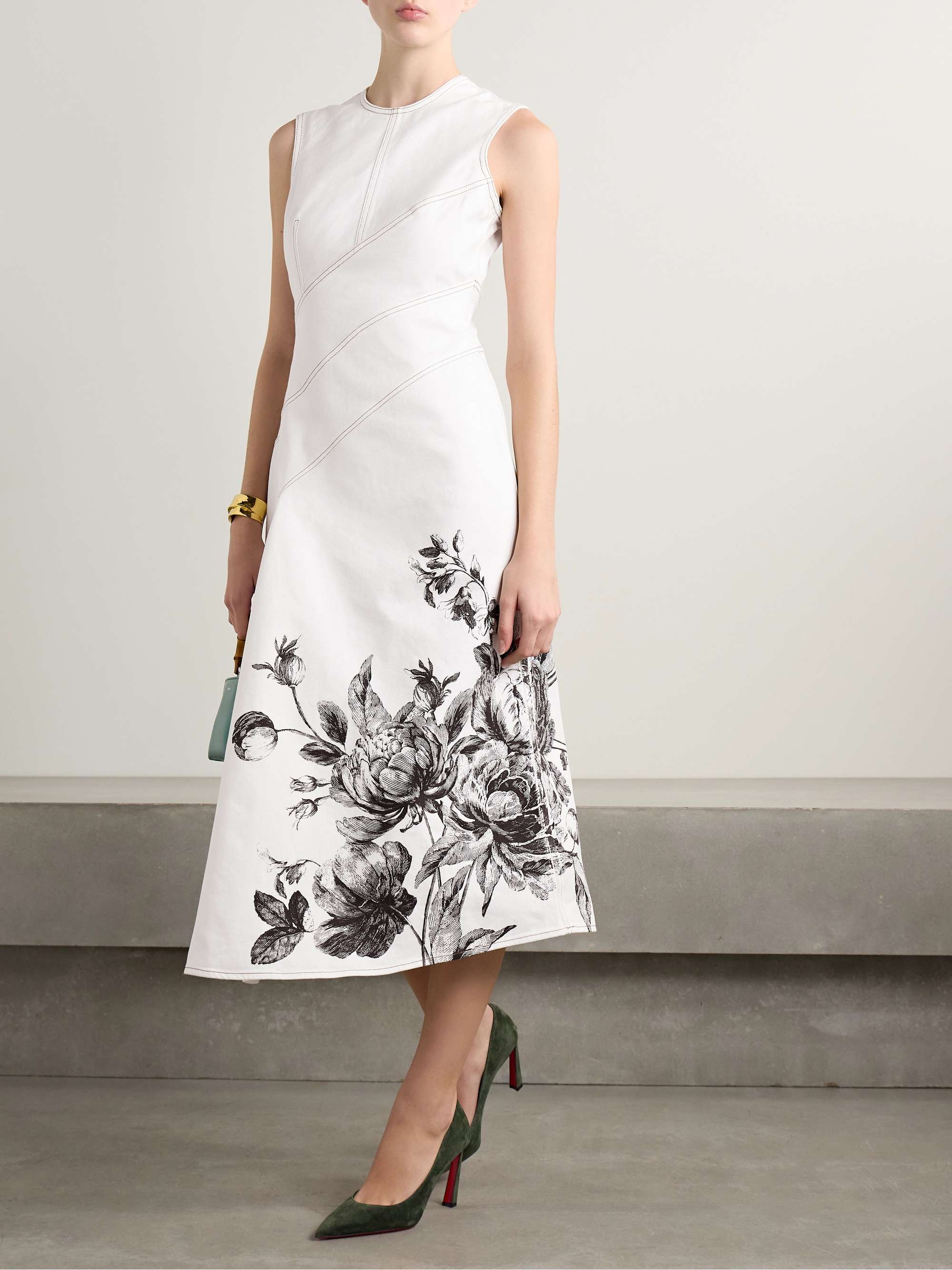 Asymmetric paneled floral-print denim midi dress view