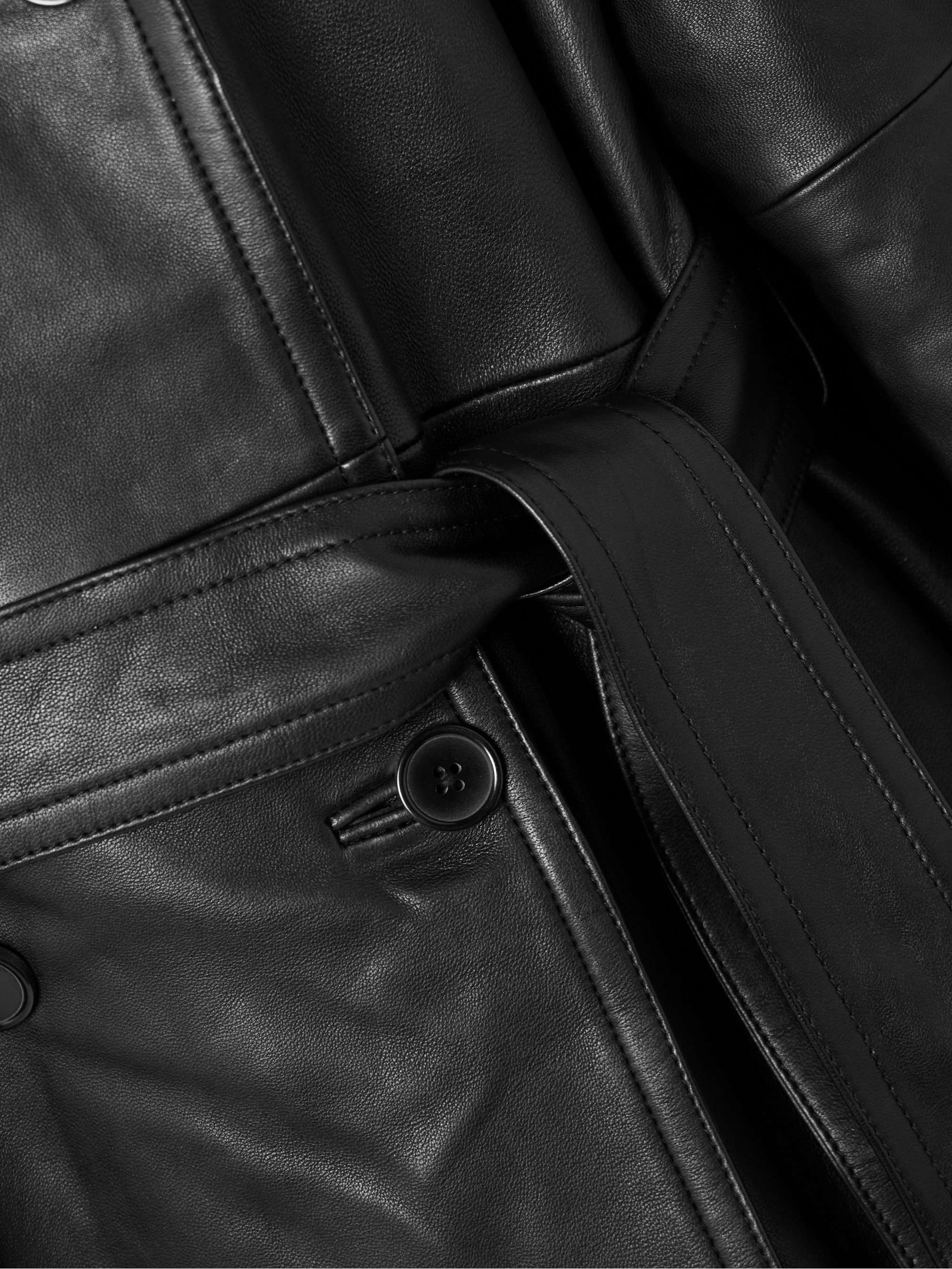 Belted double-breasted leather trench coat view