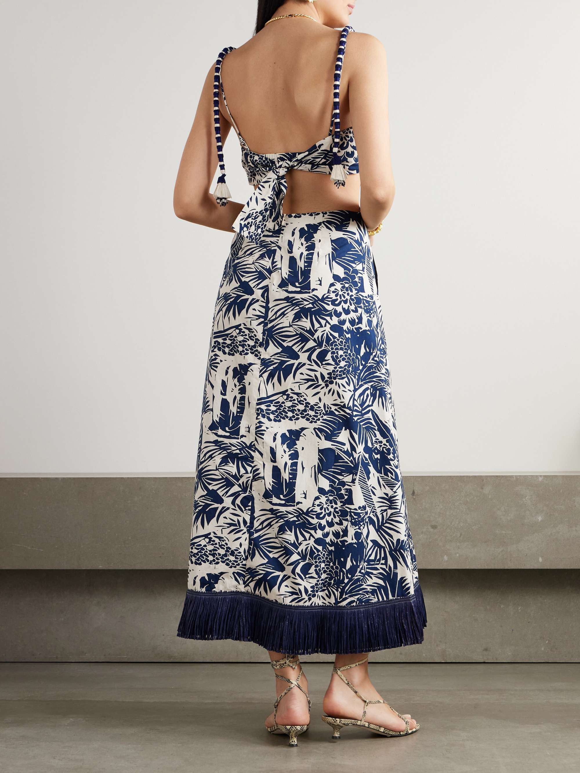 Harmony fringed embellished printed cotton-poplin midi dress view