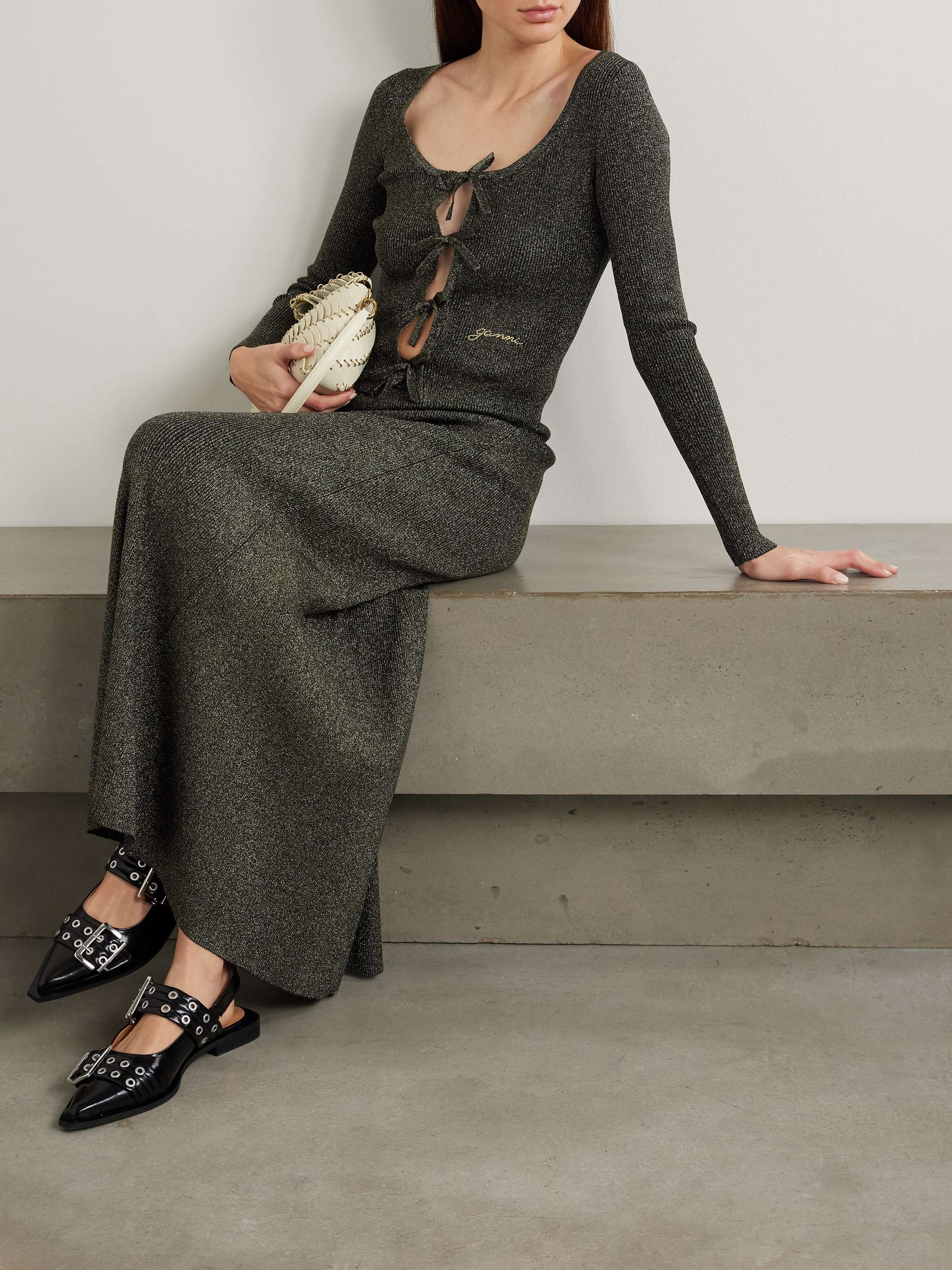 Tie-detailed metallic ribbed-knit cardigan view