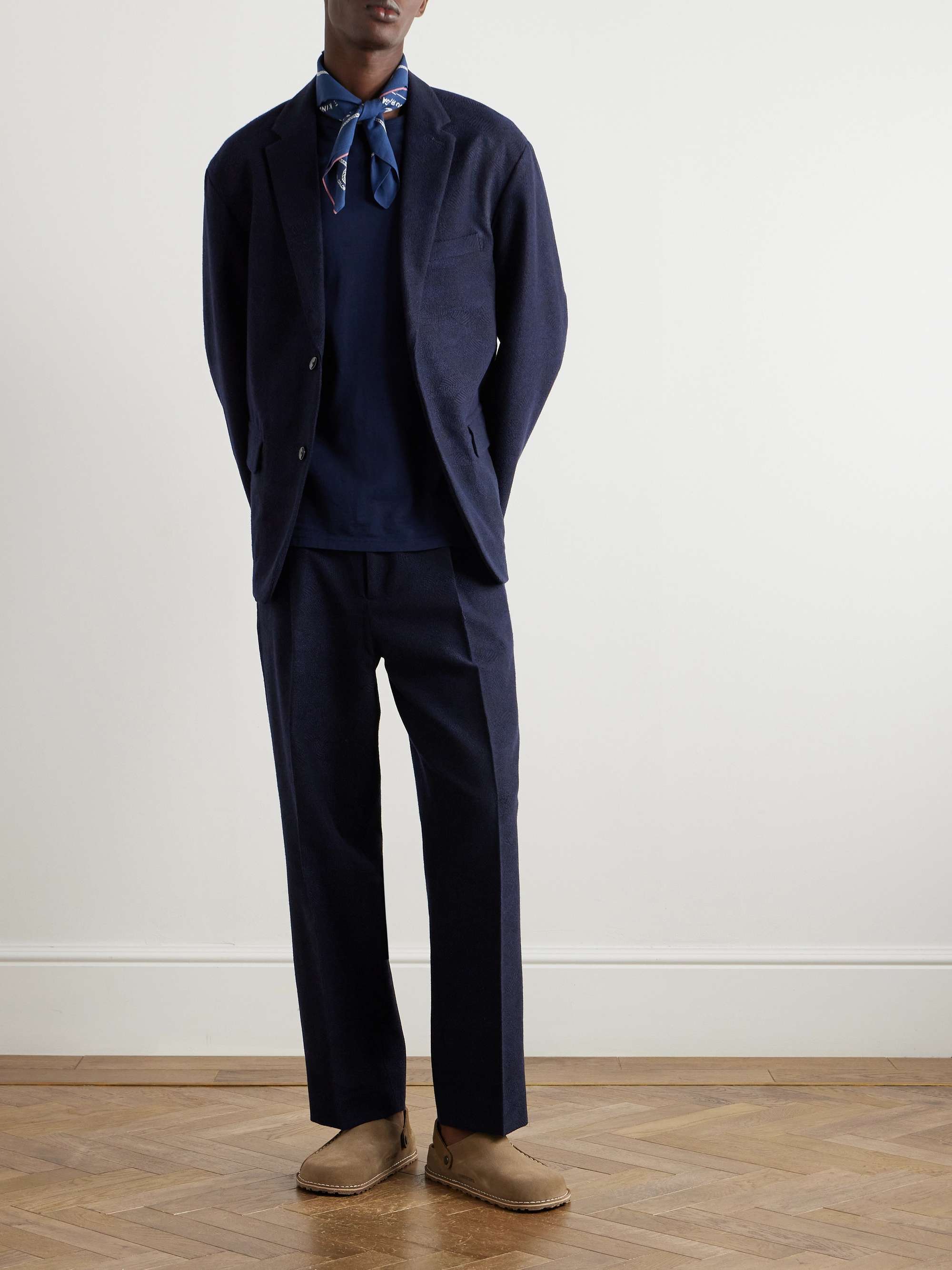 Straight-Leg Pleated Jacquard Cotton and Wool-Blend Suit Trousers view