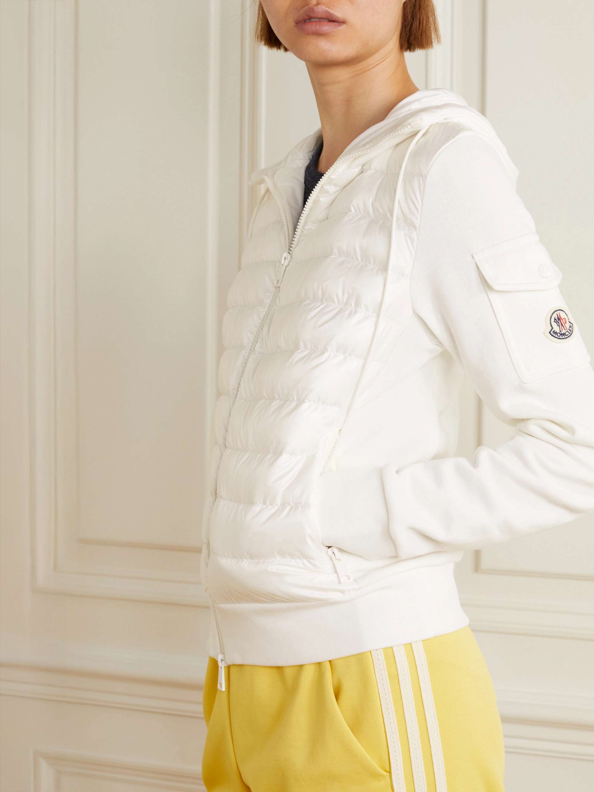Paneled cotton-blend terry and quilted shell down hoodie view