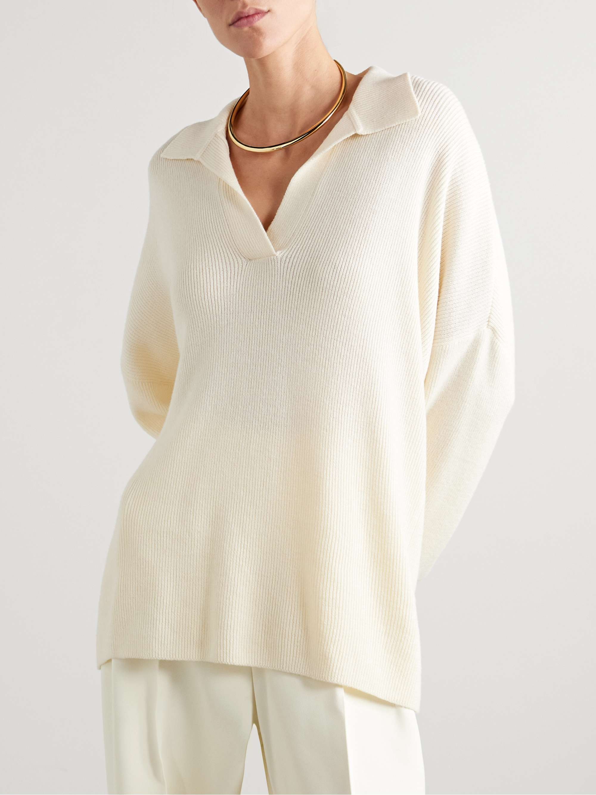 Louise ribbed merino wool and cashmere-blend polo sweater view