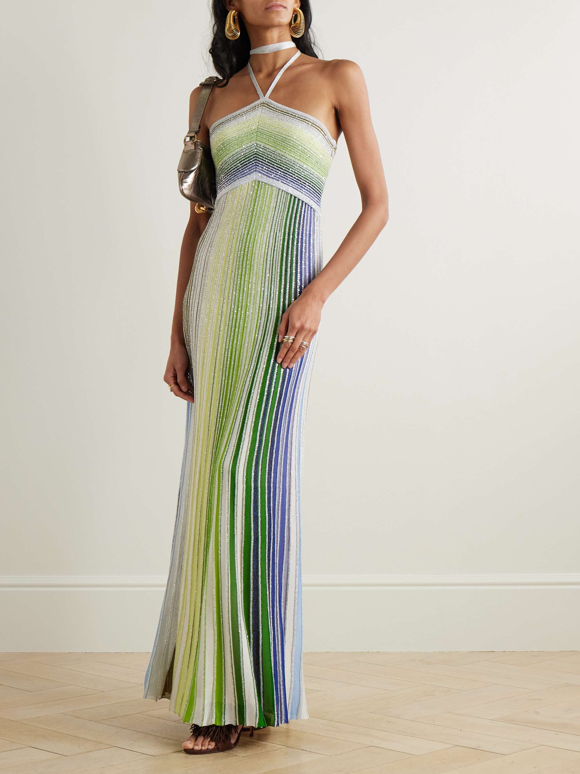 Sequin-embellished metallic crochet-knit halterneck maxi dress view