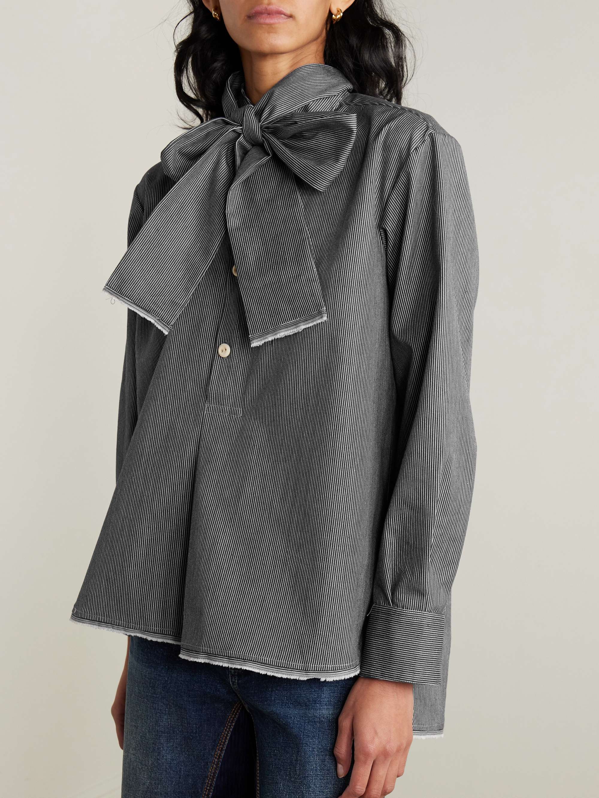 Tie-detailed striped cotton-blend shirt view