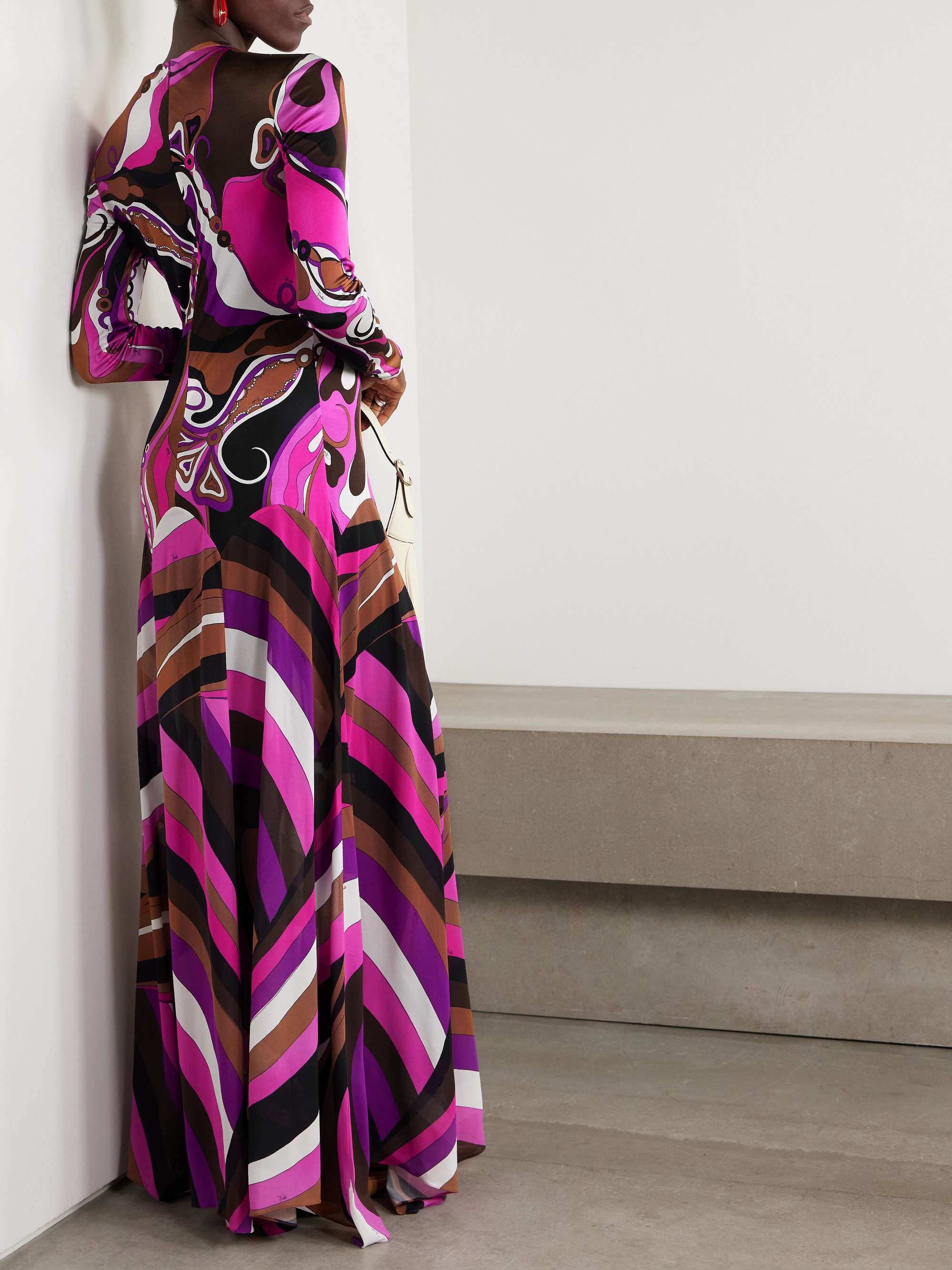Pleated paneled printed satin-jersey and stretch-mesh maxi dress view