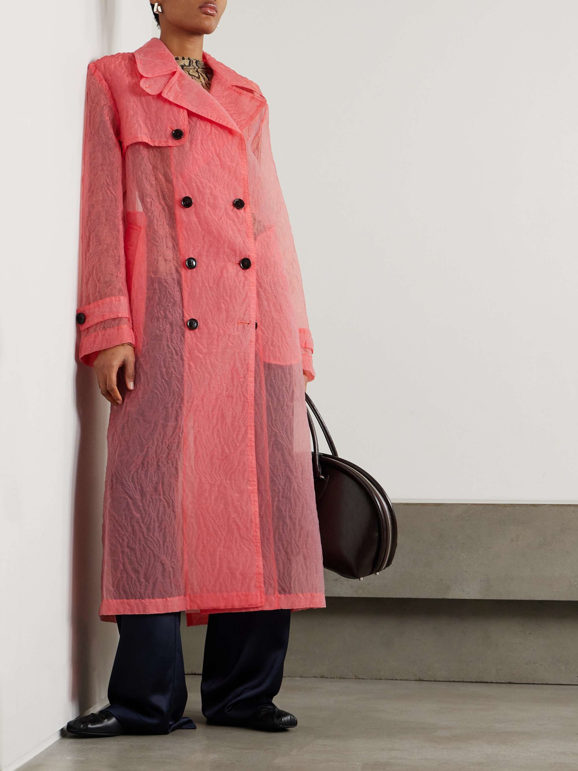 Belted double-breasted crinkled-organza trench coat view