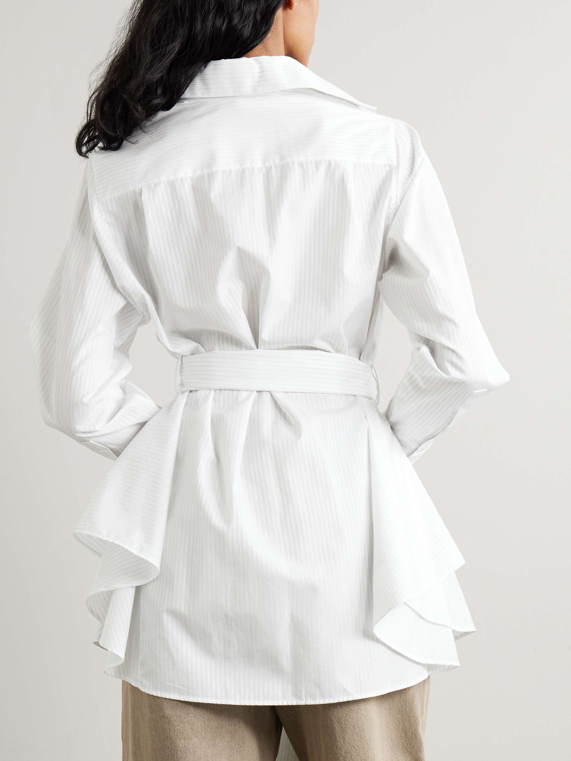 Belted embroidered pinstriped cotton-poplin shirt view