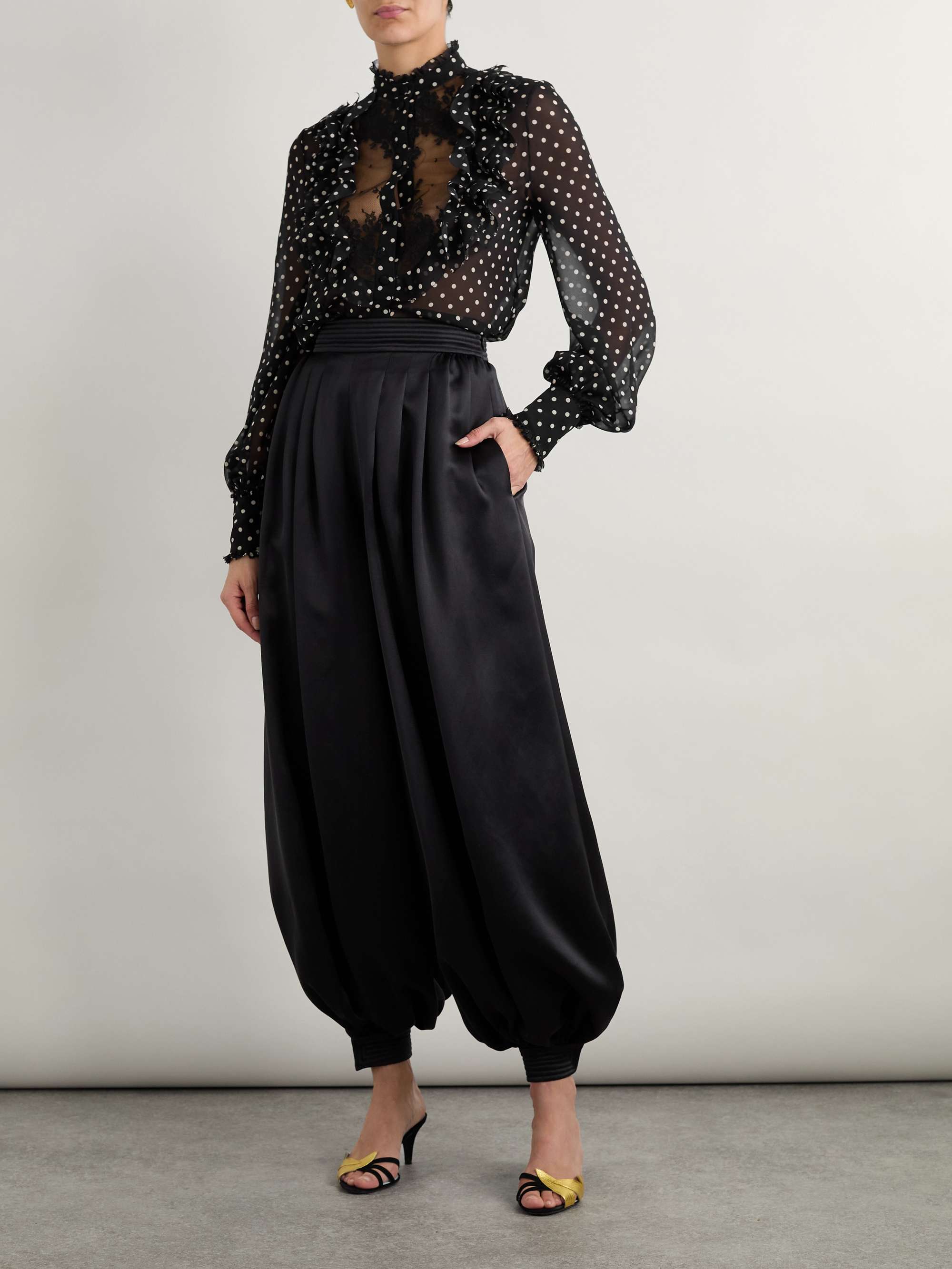 Ruffled lace-trimmed polka-dot silk-chiffon shirt view