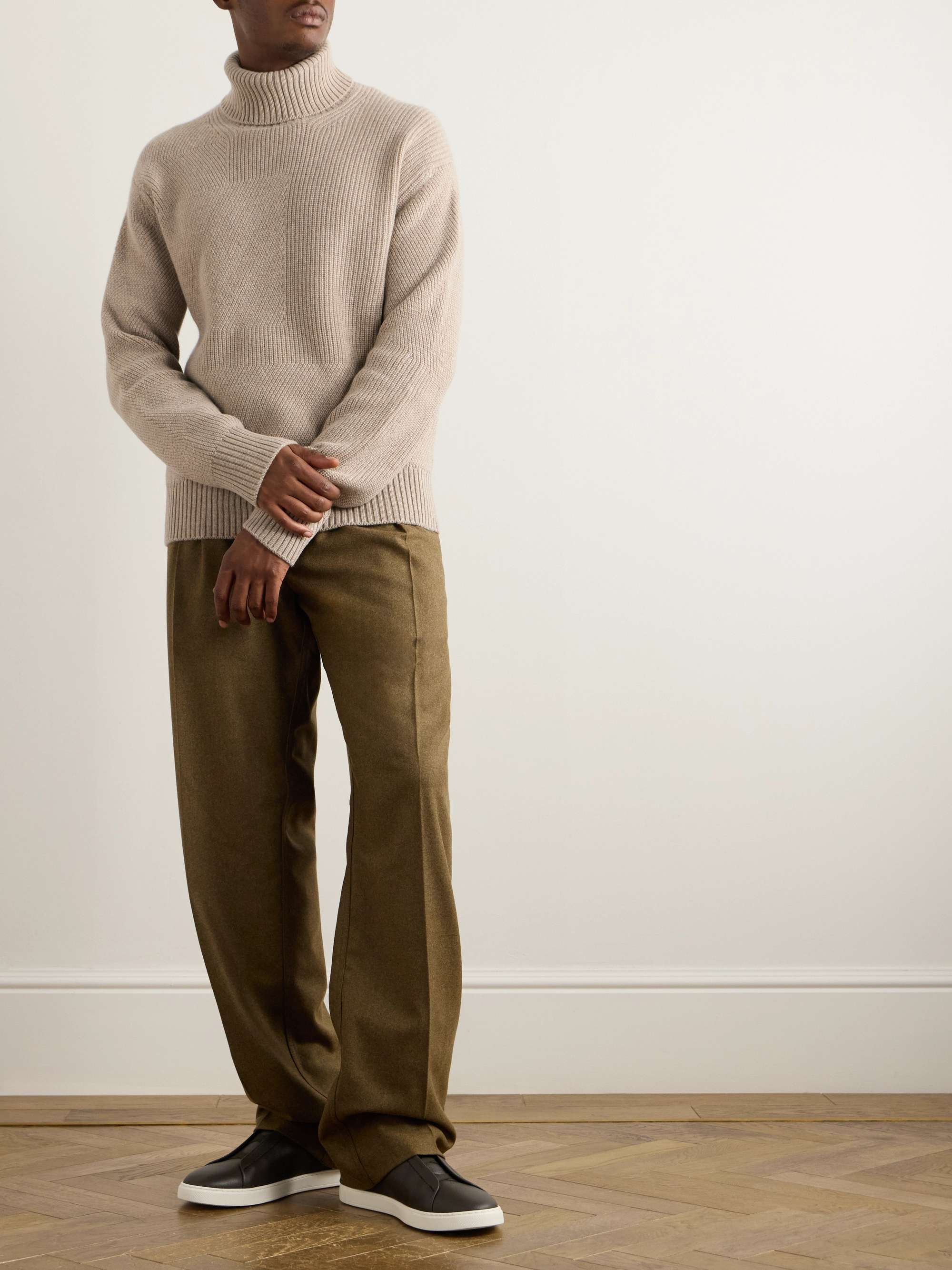Logo-Appliquéd Leather-Trimmed Ribbed Cashmere Rollneck Sweater view