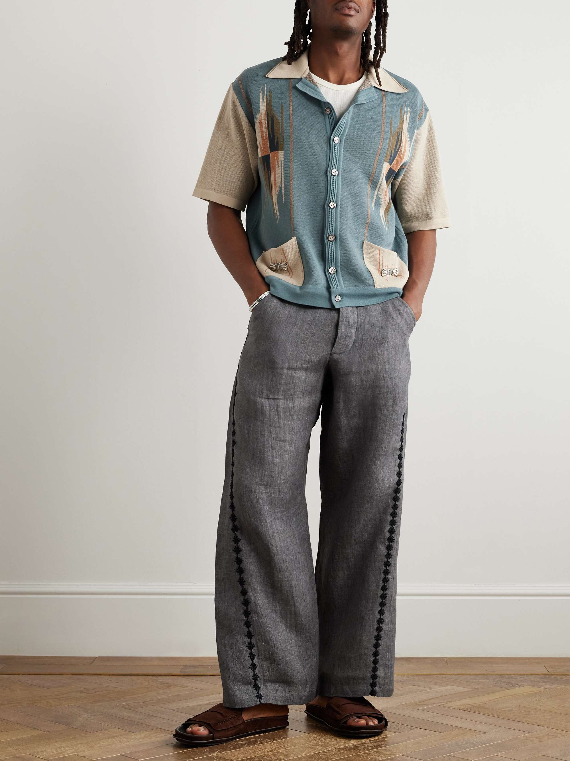 Chimayo Aloha Camp-Collar Embellished Jacquard-Knit Cotton-Blend Shirt view