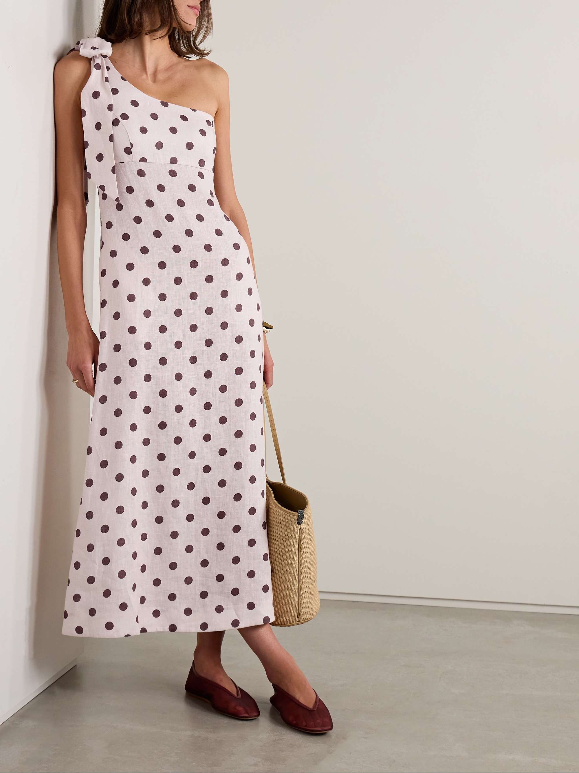Acacia one-shoulder bow-embellished polka-dot linen midi dress view