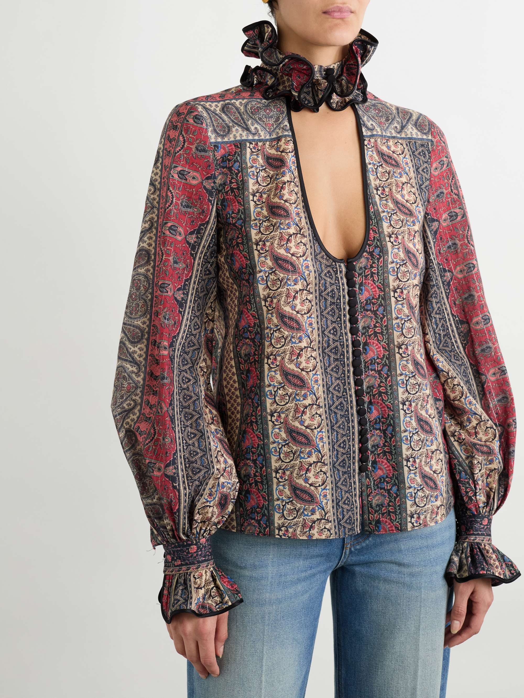 Ruffled cutout satin-trimmed metallic printed cotton-blend blouse view