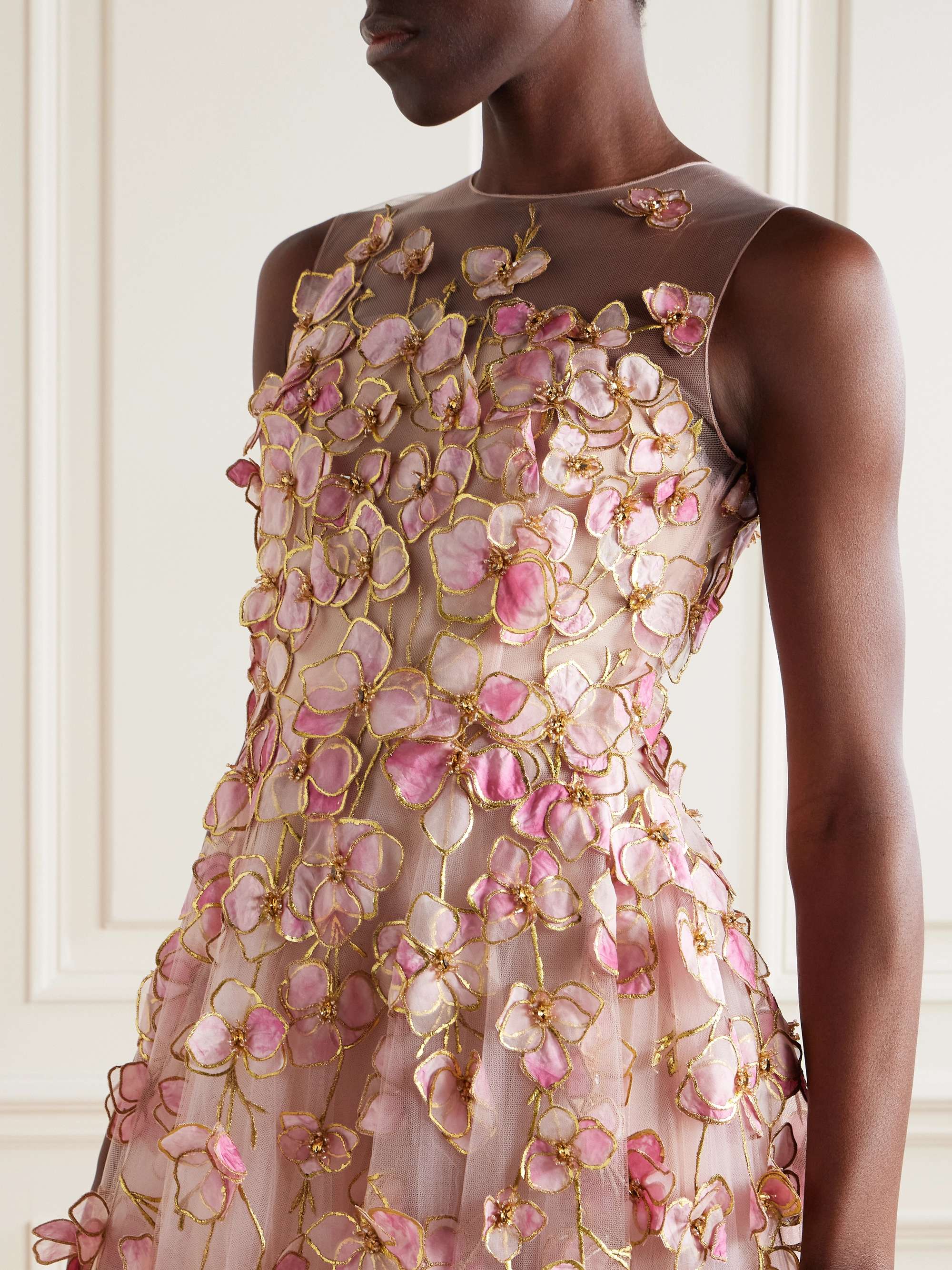 Sleeveless floral-appliquéd organza gown view
