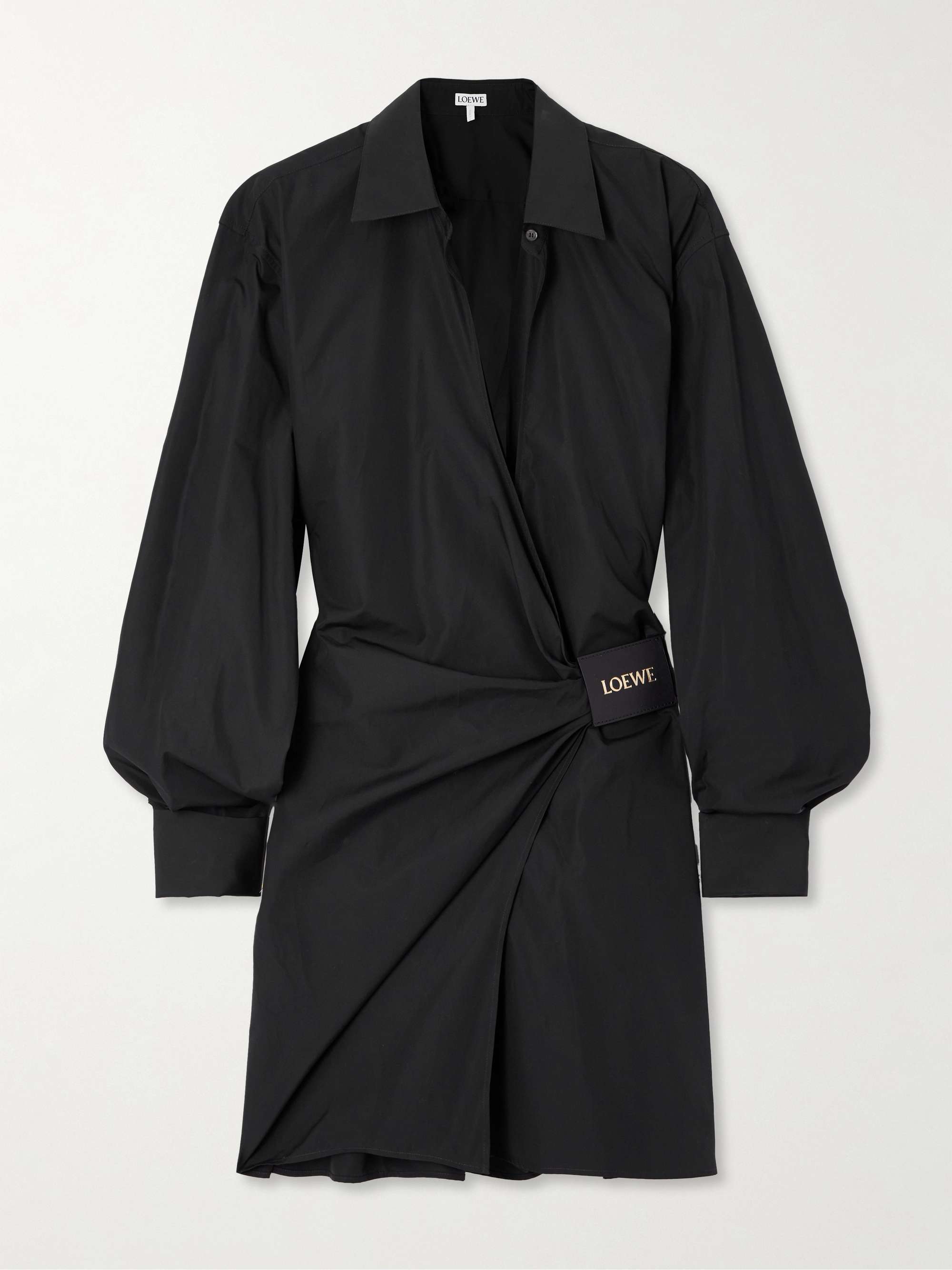 Wrap-effect leather-trimmed draped cotton-poplin mini shirt dress hero visual