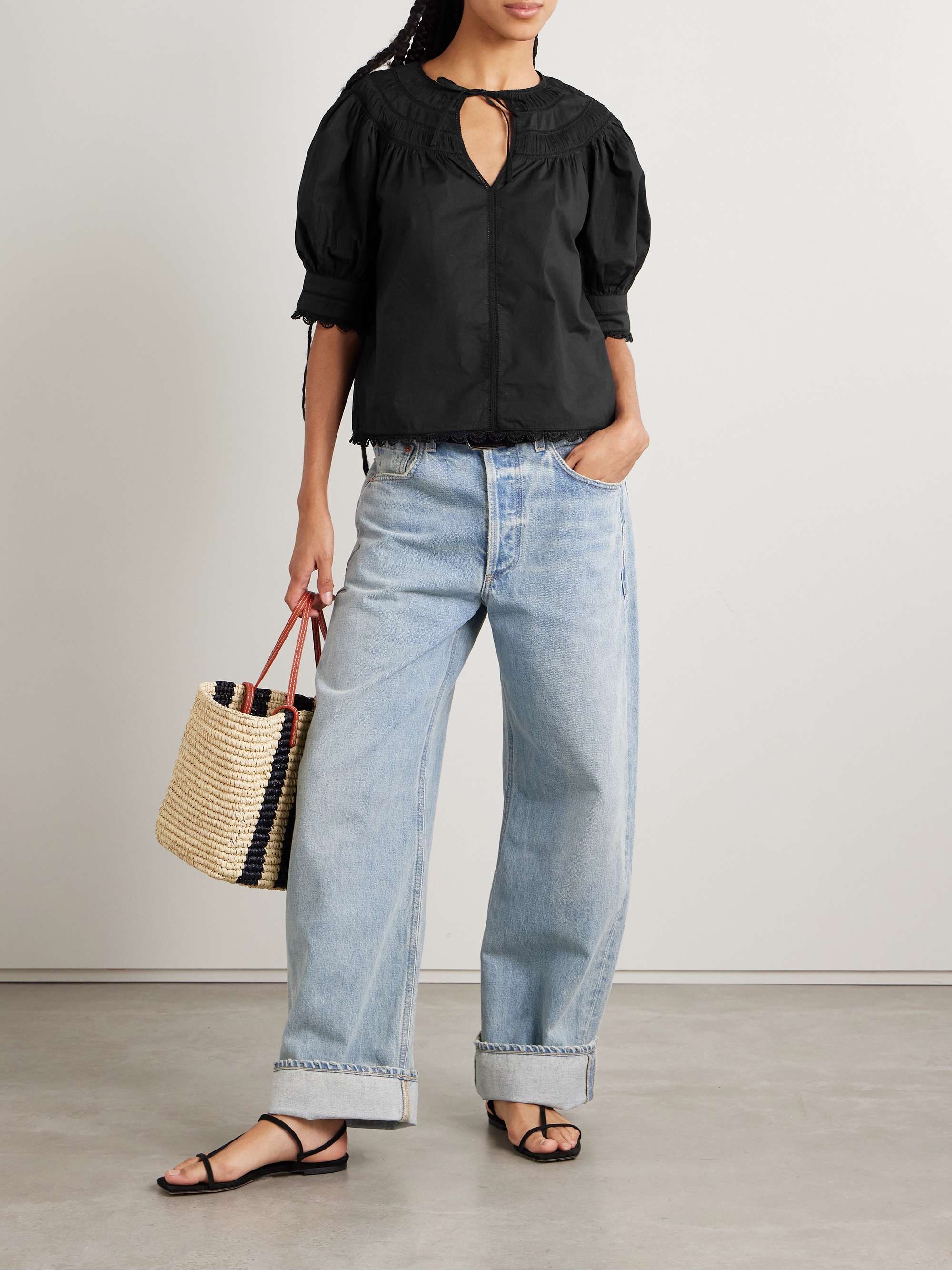 Dylan plissé-chiffon and lace-trimmed cotton-poplin blouse view