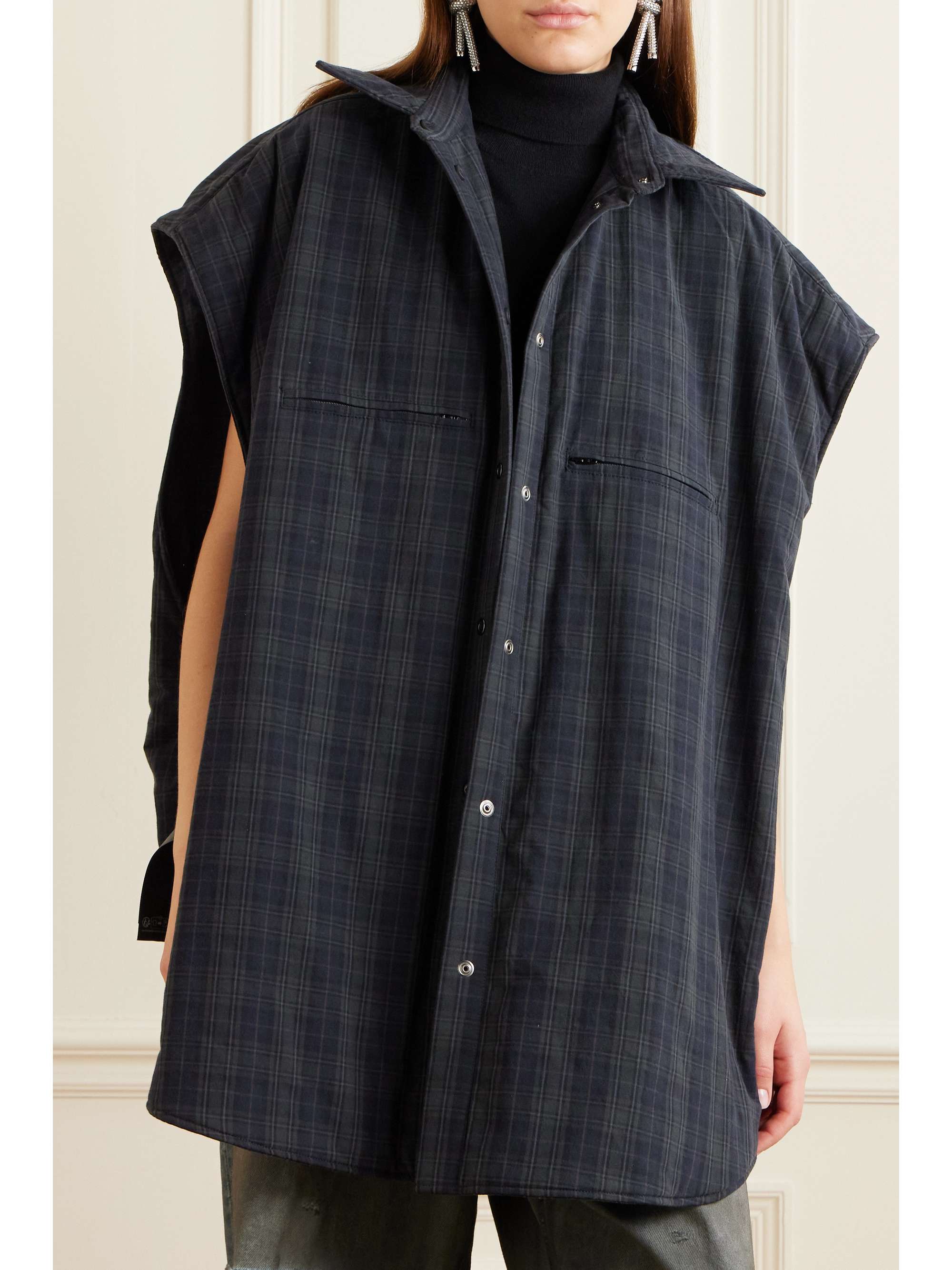 Convertible oversized padded checked cotton-flannel shirt view