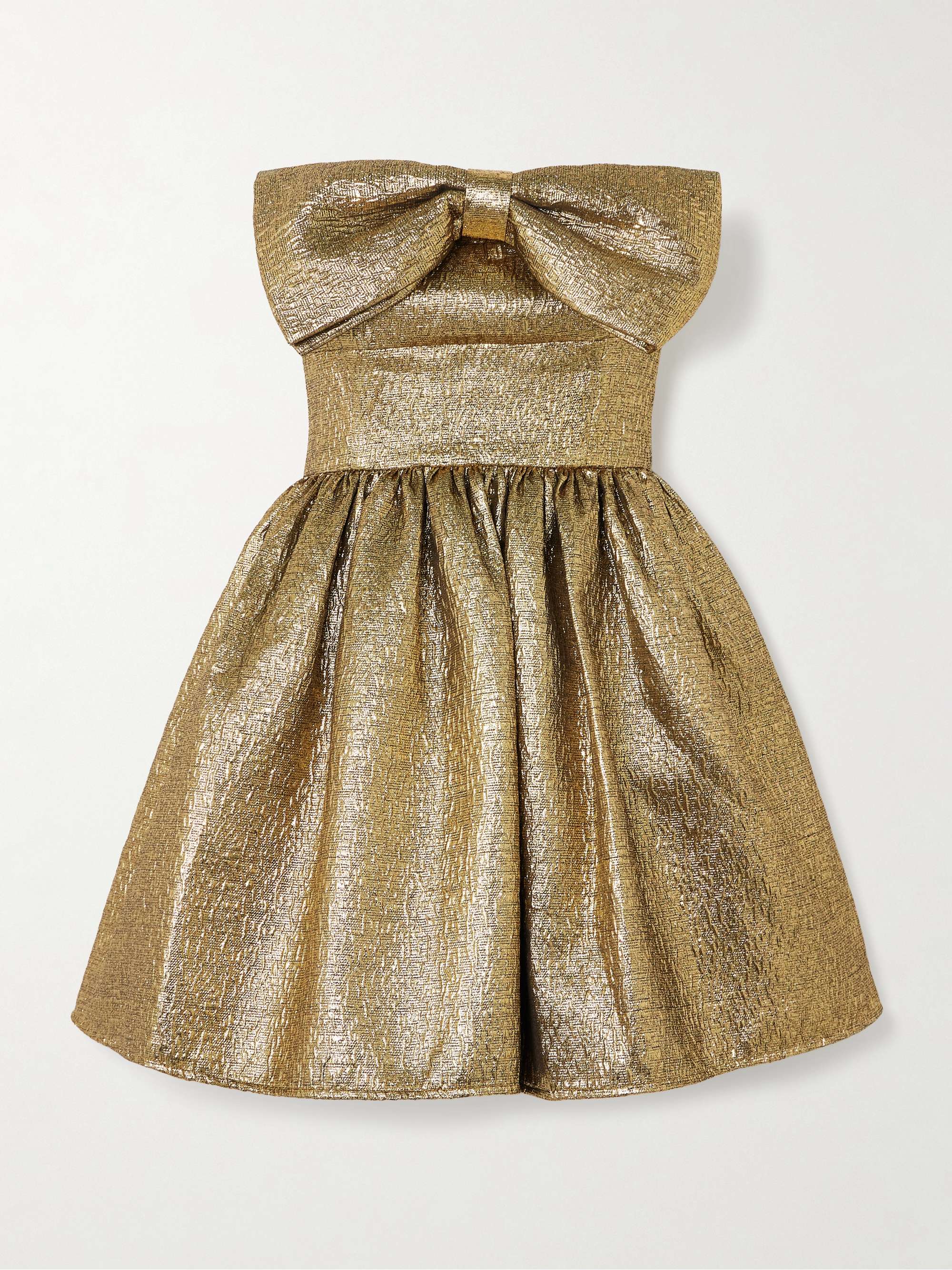 Bow-detailed strapless metallic cloqué mini dress hero visual