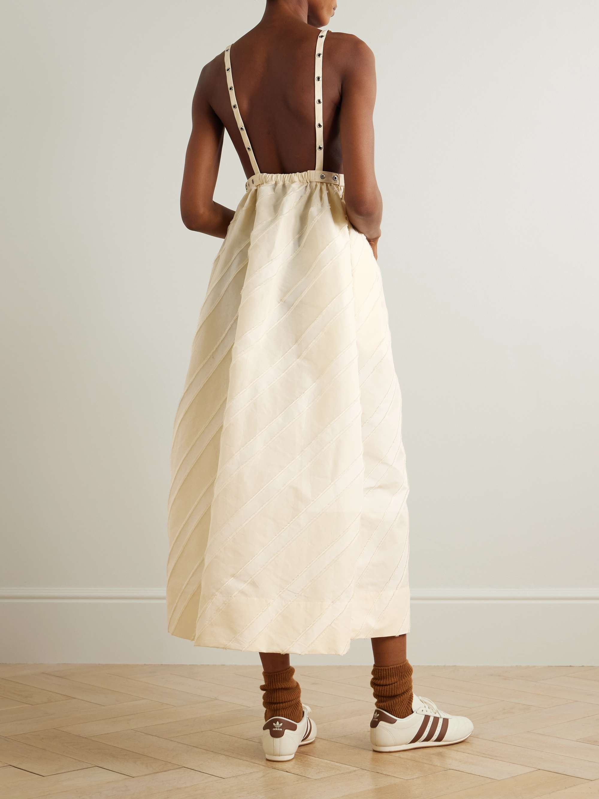 Belted eyelet-embellished striped taffeta midi dress view