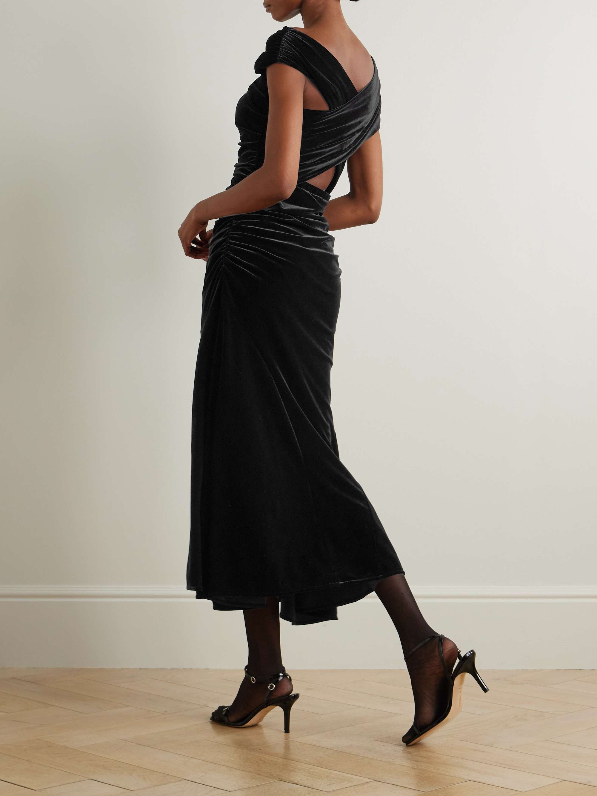 Asymmetric ruched recycled-velvet midi dress view
