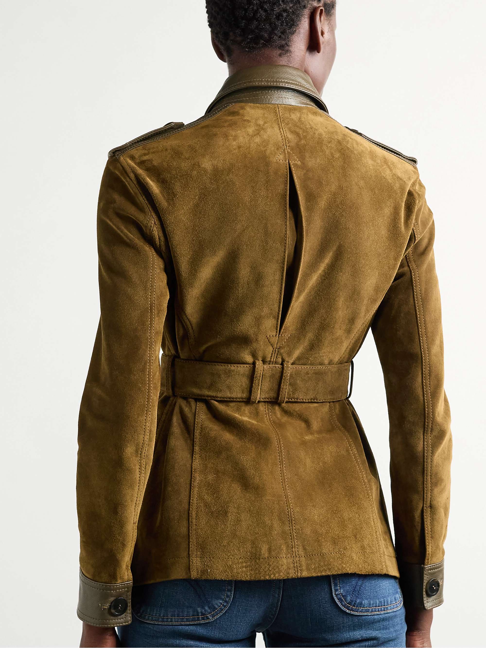 Belted leather-trimmed suede jacket view