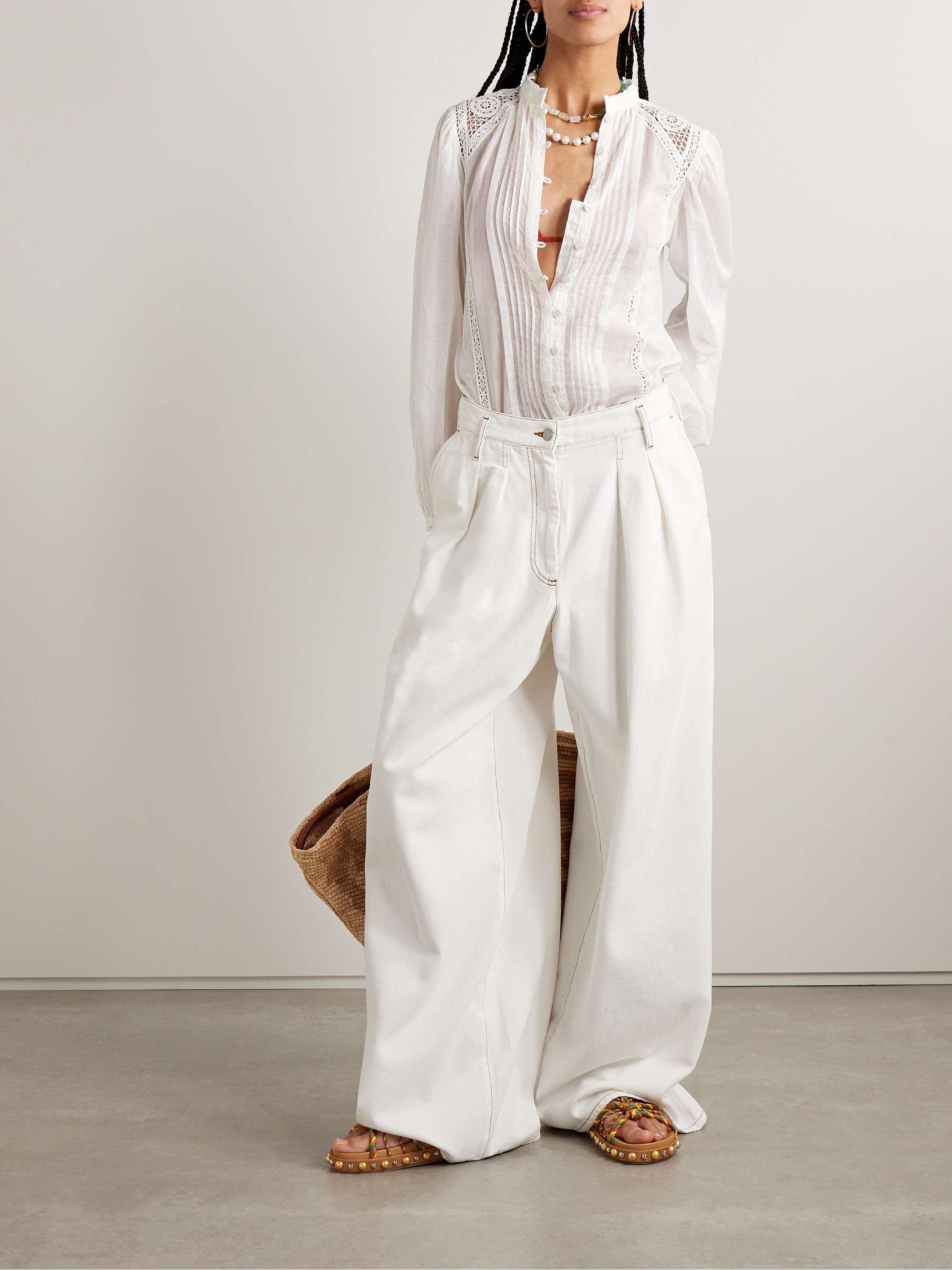 Greicy guipure lace-trimmed pintucked cotton-voile shirt view