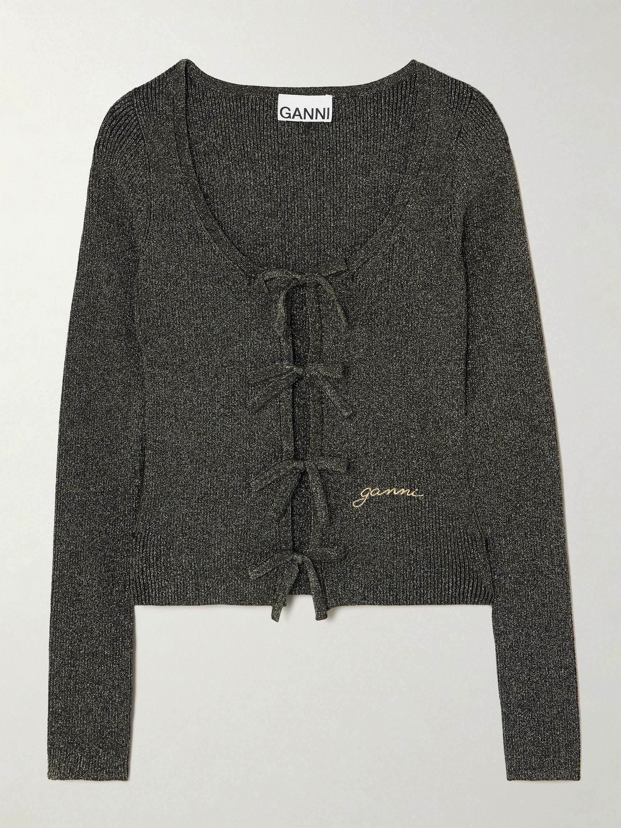 Tie-detailed metallic ribbed-knit cardigan hero visual