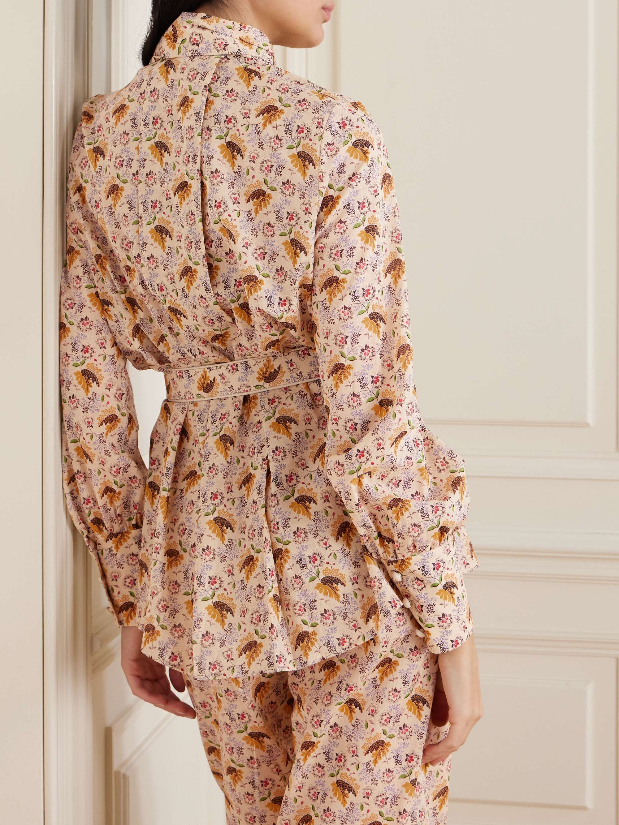 Tie-neck belted pleated floral-print cotton-muslin blouse view