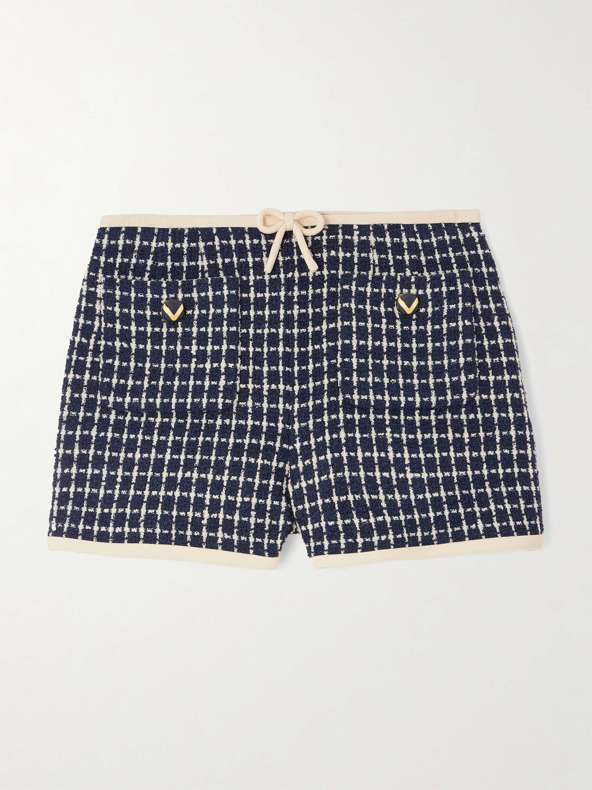 Button-embellished checked wool-blend bouclé shorts hero visual