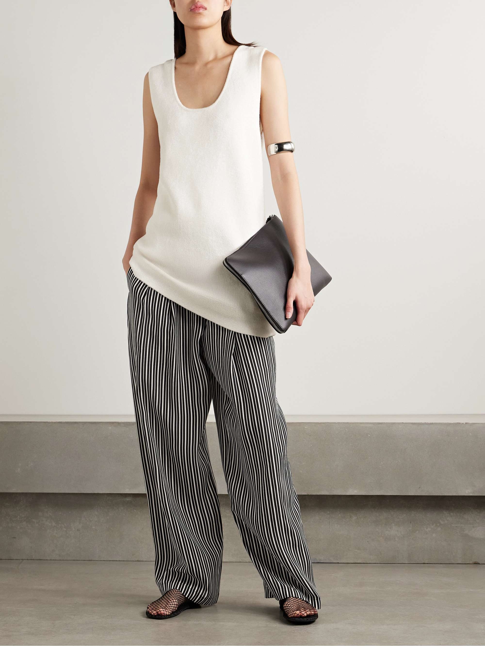 Pleated striped recycled-crepe de chine straight-leg pants view