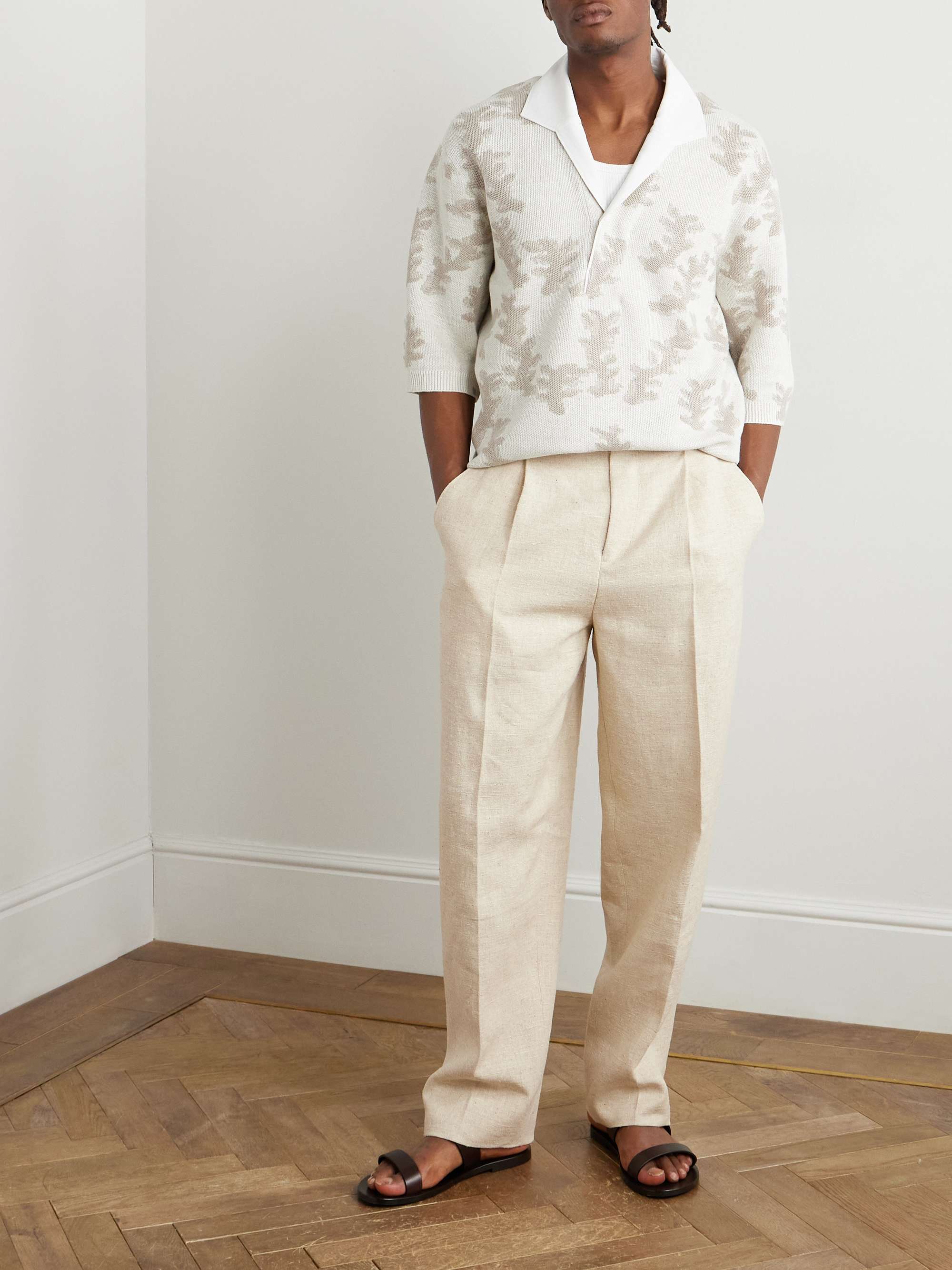 Straight-Leg Pleated Linen, Silk and Hemp-Blend Trousers view