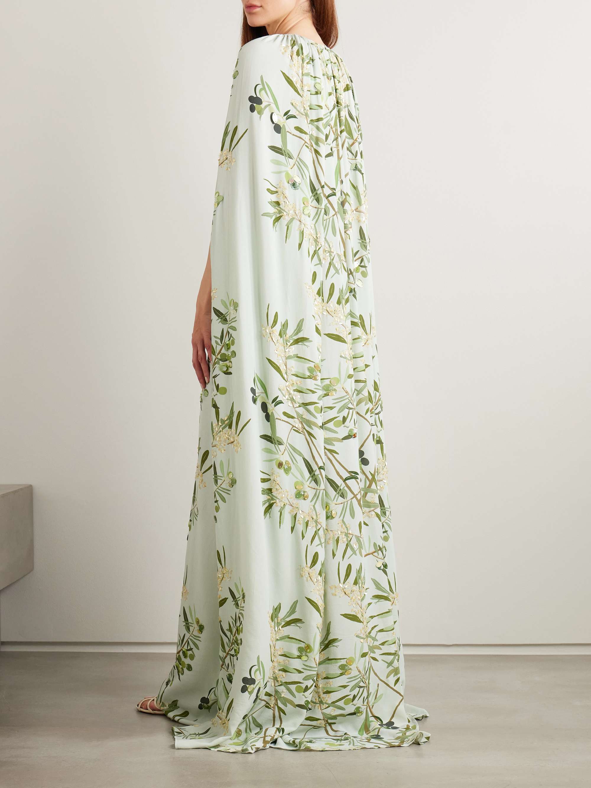 Minnie cape-effect embellished floral-print crepe de chine gown view