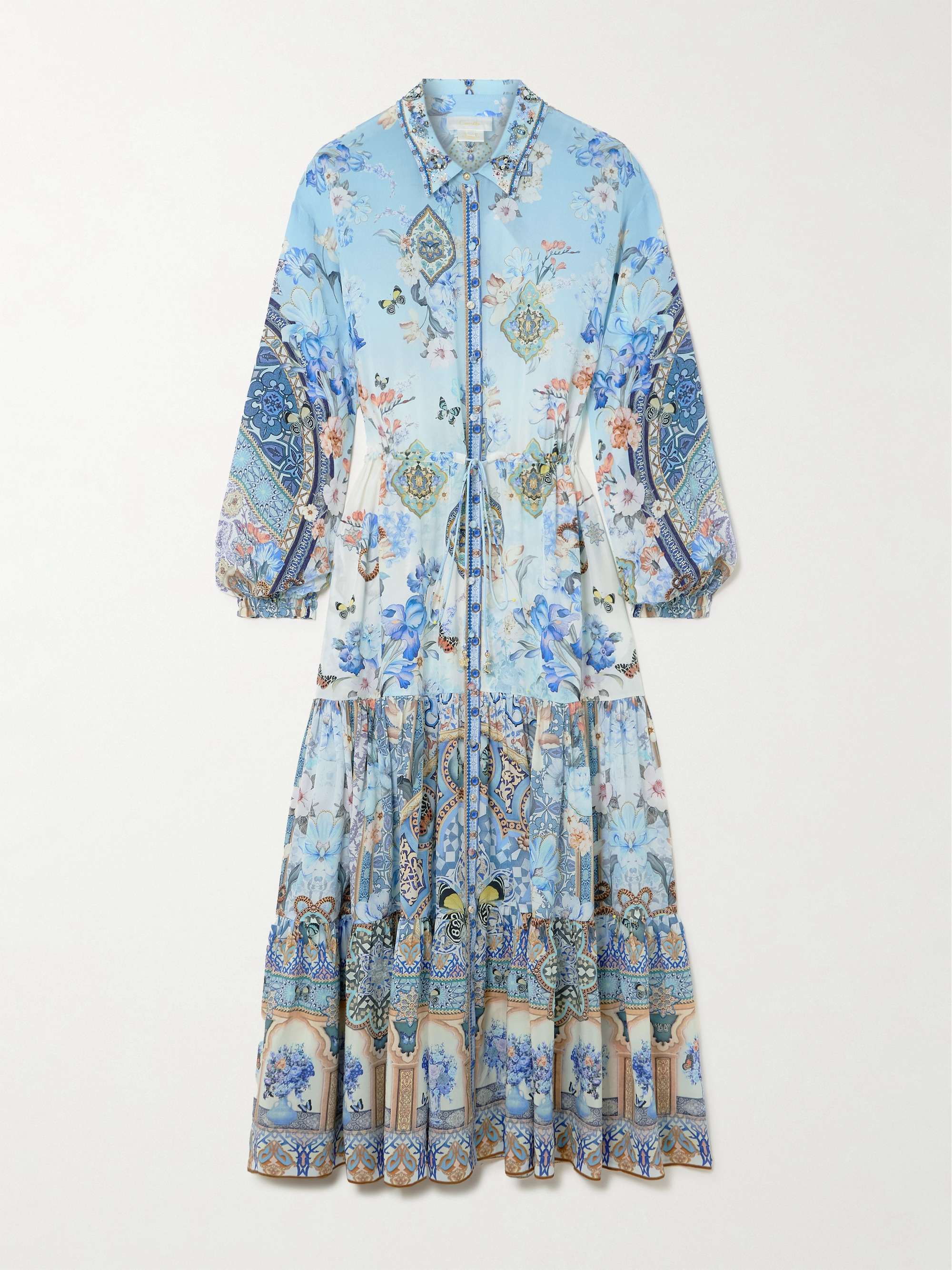 Tiered embellished printed silk-crepe maxi shirt dress hero visual