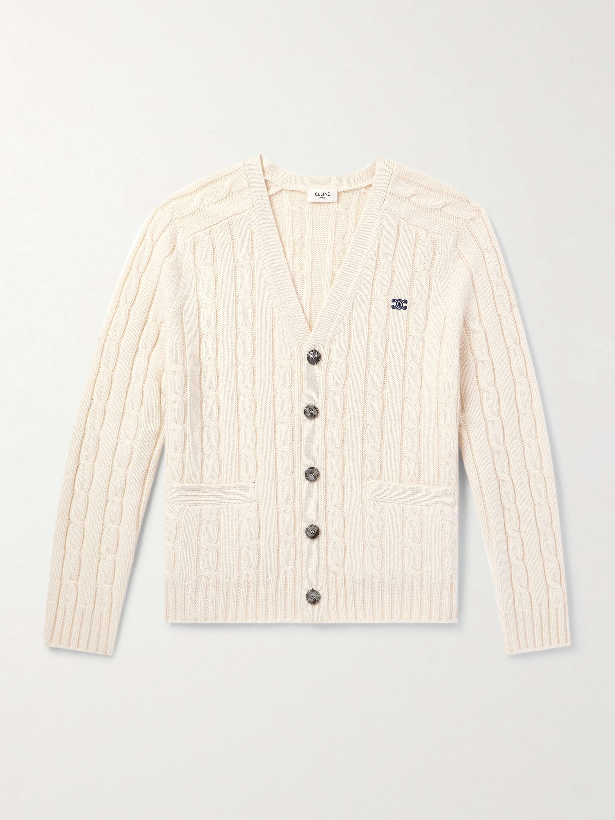 Slim-Fit Logo-Embroidered Cable-Knit Suede-Trimmed Cashmere Cardigan hero visual
