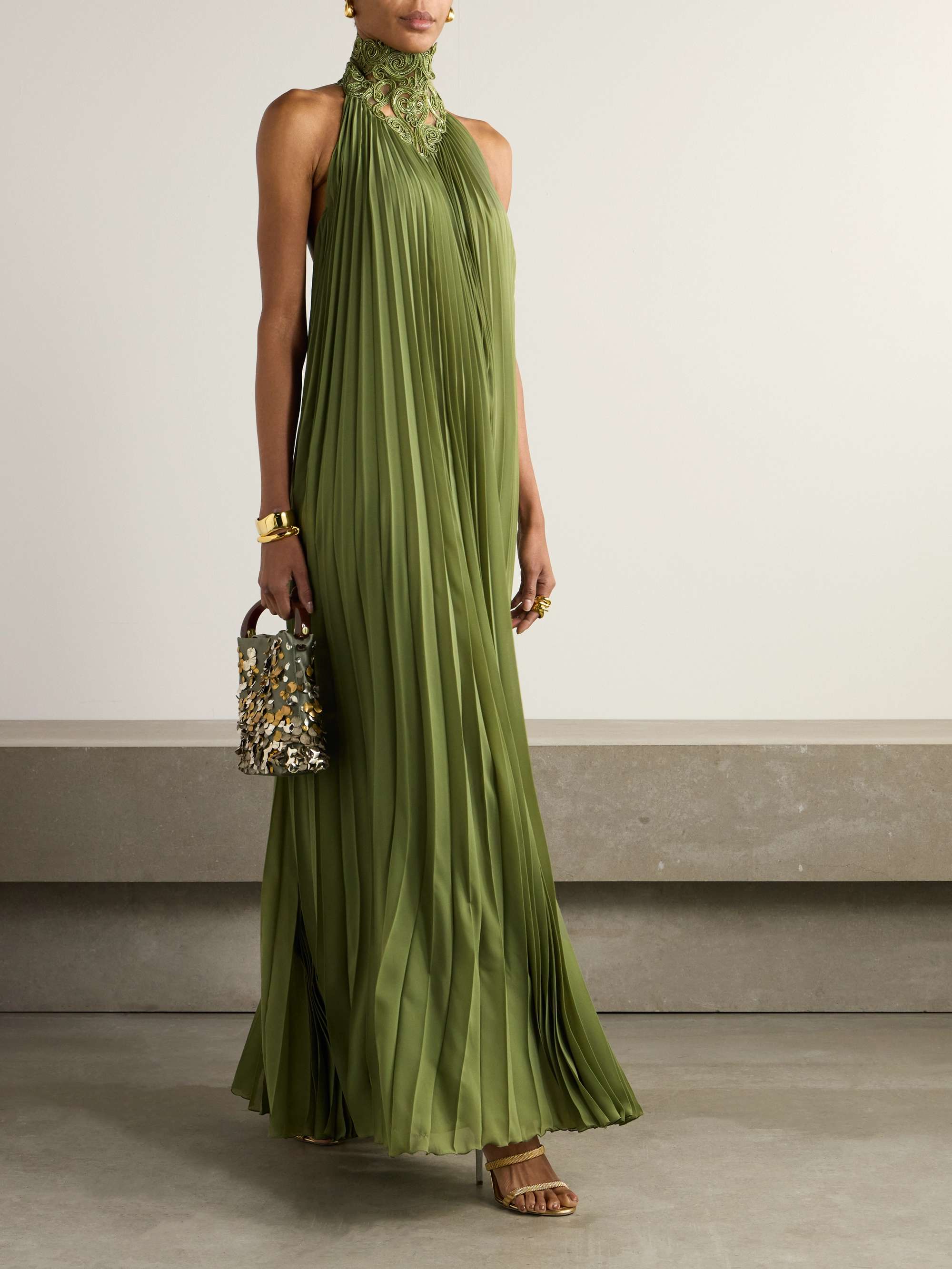 Tasseled pleated embellished mesh-trimmed georgette halterneck gown view